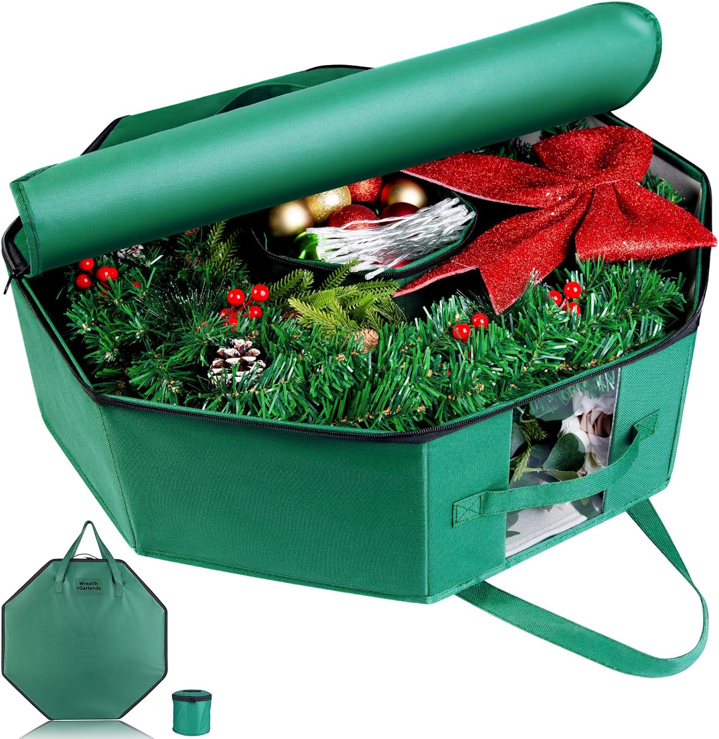 BrilliantJo Wreath Storage Hard Shell Christmas Decorations Case Bag with Interior Pockets 600D Oxford Fabric 24 Inch Xmas Container Box for Holiday Zipper and Handles Labeling Card Slot Green