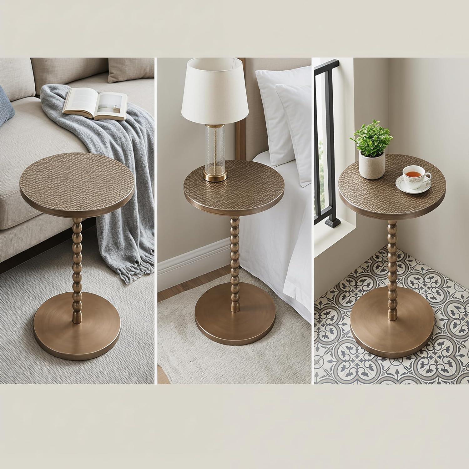 COVLON Drink Table, Small Round Pedestal Side Table, Martini Table for Small Spaces, Gold Accent End Table with Hammered Top, Plant Stand for Living Room, Bedroom, Bathroom, Easy Assembly