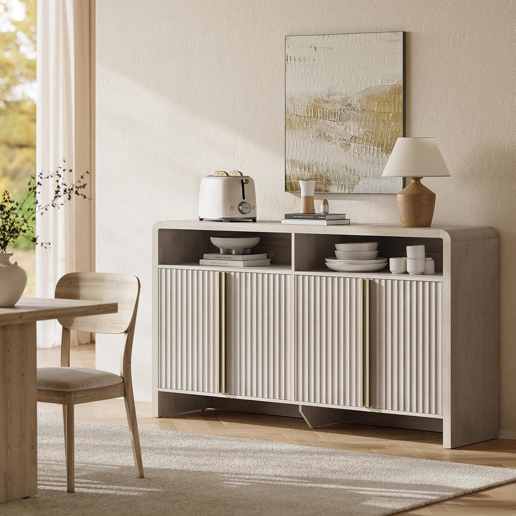 ModernMate 59" Sideboard Buffet Cabinet with Storage, Modern Fluted 4-Door Credenza Accent Cabinet with Open Storage Shelf, Curved Coffee Bar Table, Large Storage Cabinet for Living Room, Entryway