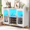 iSunirm Wine Bar Cabinet with Power Outlet, Liquor Cabinet Bar with LED Light and Glass Holder, Home Coffee Bar Cabinet, Buffet Sideboard with Storage Shelf for Kitchen, Dining Room, White