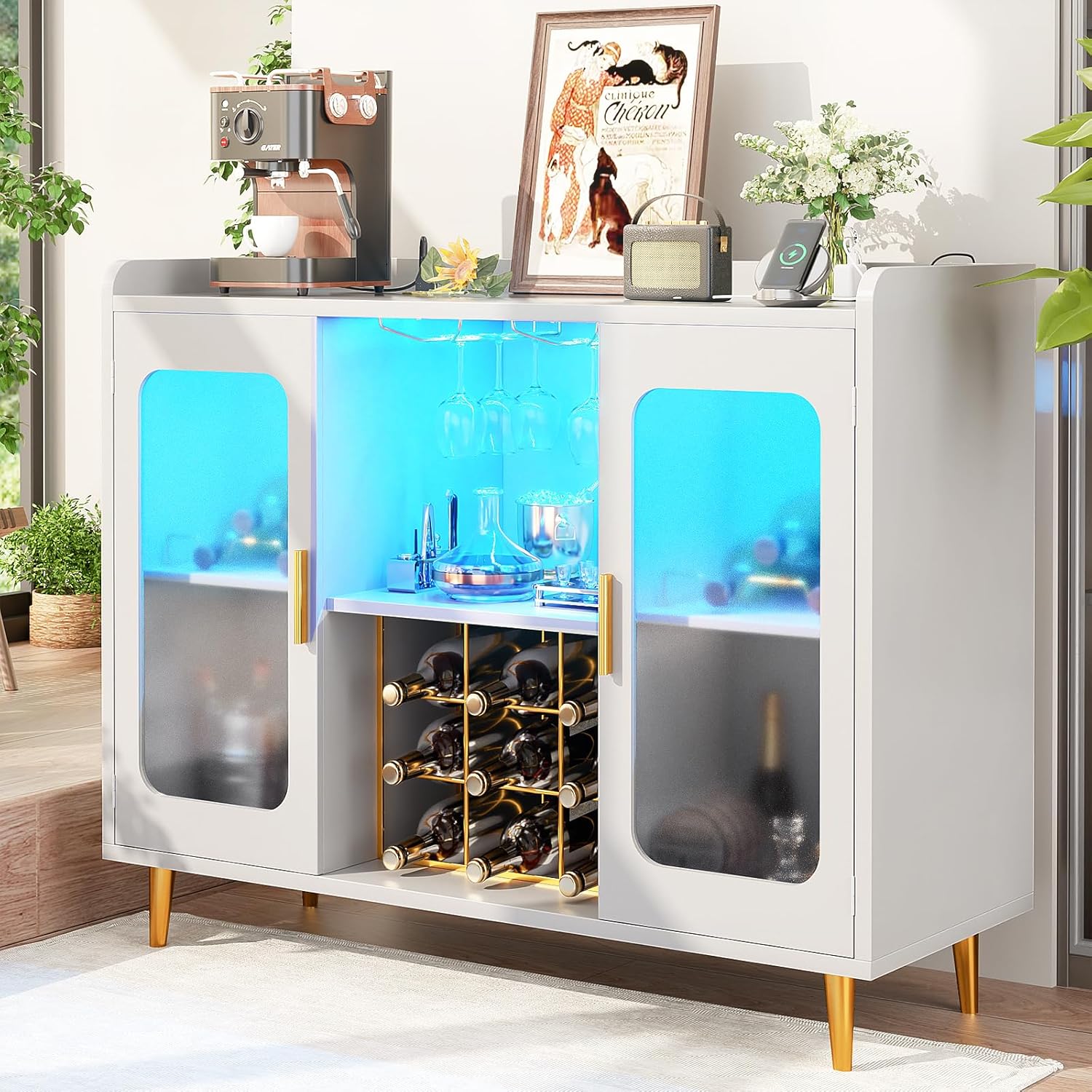 iSunirm Wine Bar Cabinet with Power Outlet, Liquor Cabinet Bar with LED Light and Glass Holder, Home Coffee Bar Cabinet, Buffet Sideboard with Storage Shelf for Kitchen, Dining Room, White