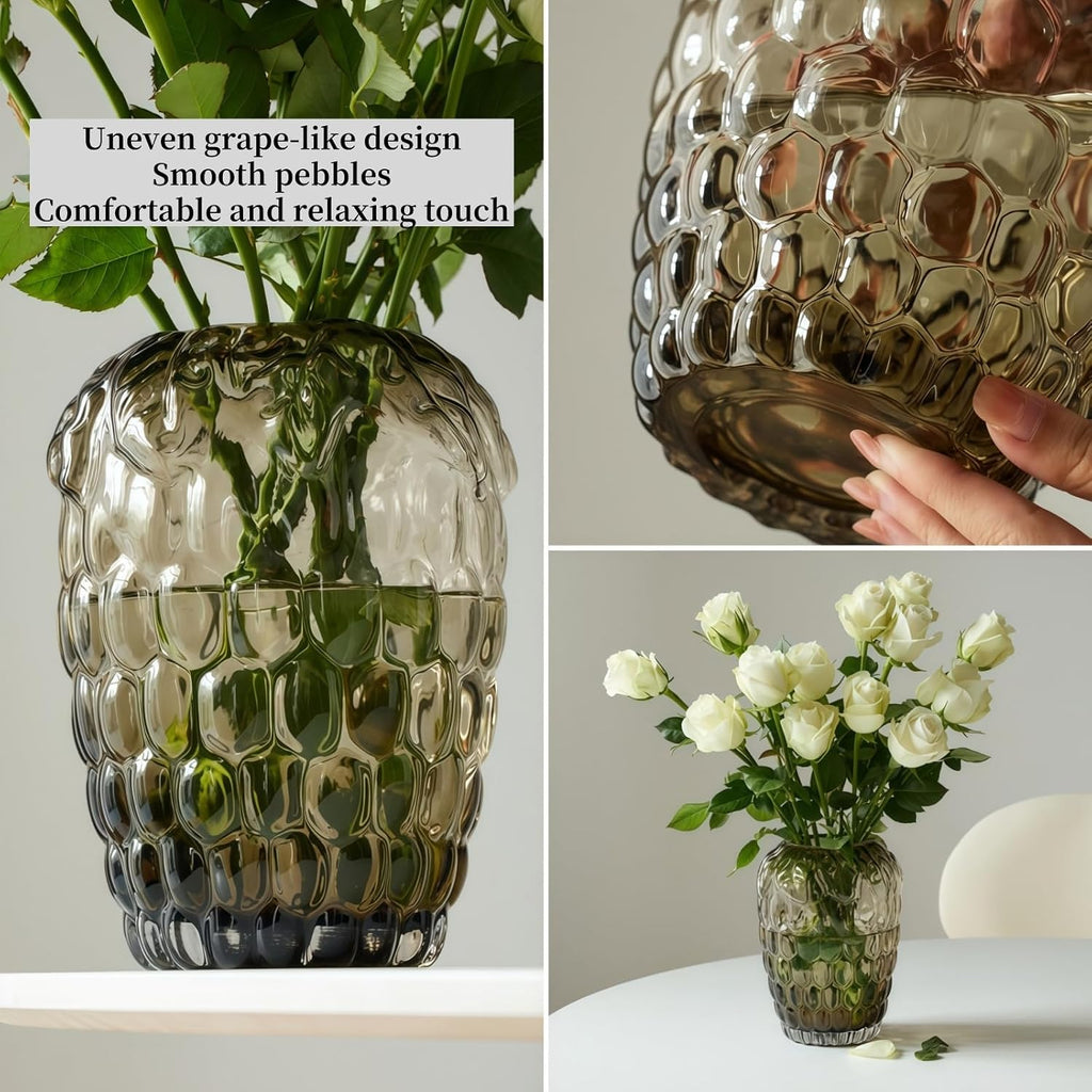 Lvases Amber Bubble Textured Nordic Modern Clear Glass Flower Vase | Minimalist glass vessel for fresh cut floral arrangement, table center decor for living room dining shelf indoor home display