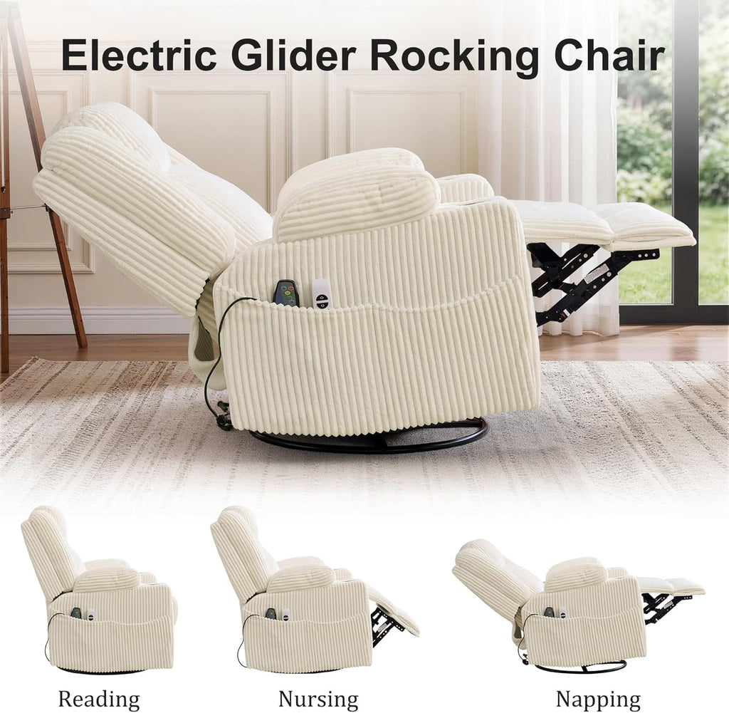 Korser Power Swivel Rocker Recliner with Dual Motor Adjustable Headrest for Adults, Oversized 24" Wide Seat Glider Rocking Chair with Massage & Heat, Corduroy Electric Recliner with USB&Type-C, Beige