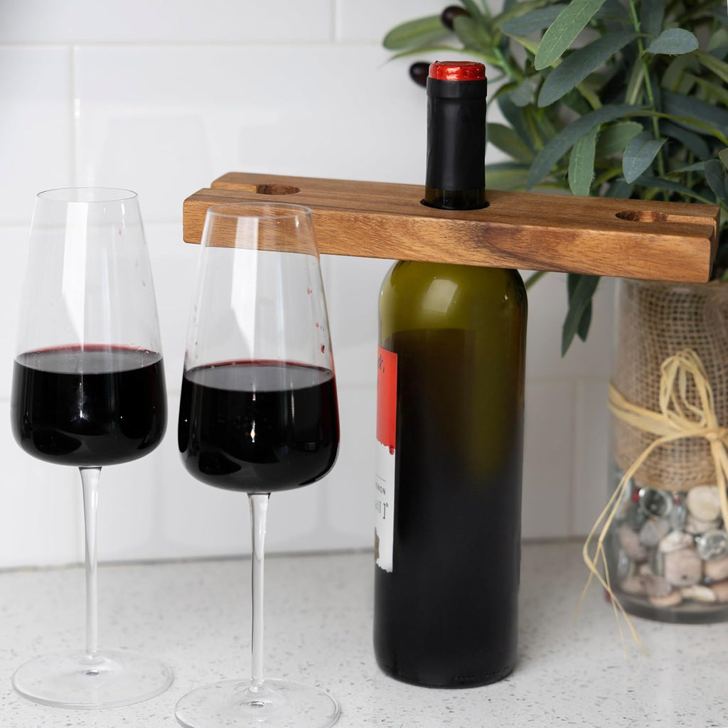 Ironwood Gourmet Acacia Wood Wine Glass Holder for Wine Bottles, Holds 2 Wine Glasses