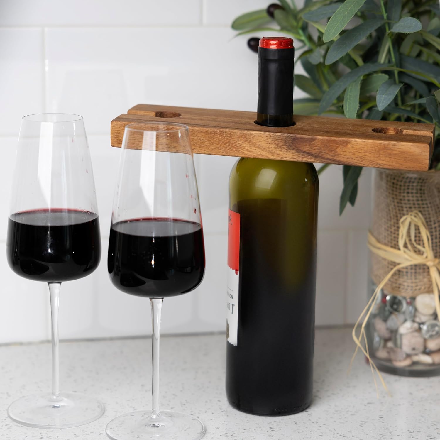 Ironwood Gourmet Acacia Wood Wine Glass Holder for Wine Bottles, Holds 2 Wine Glasses