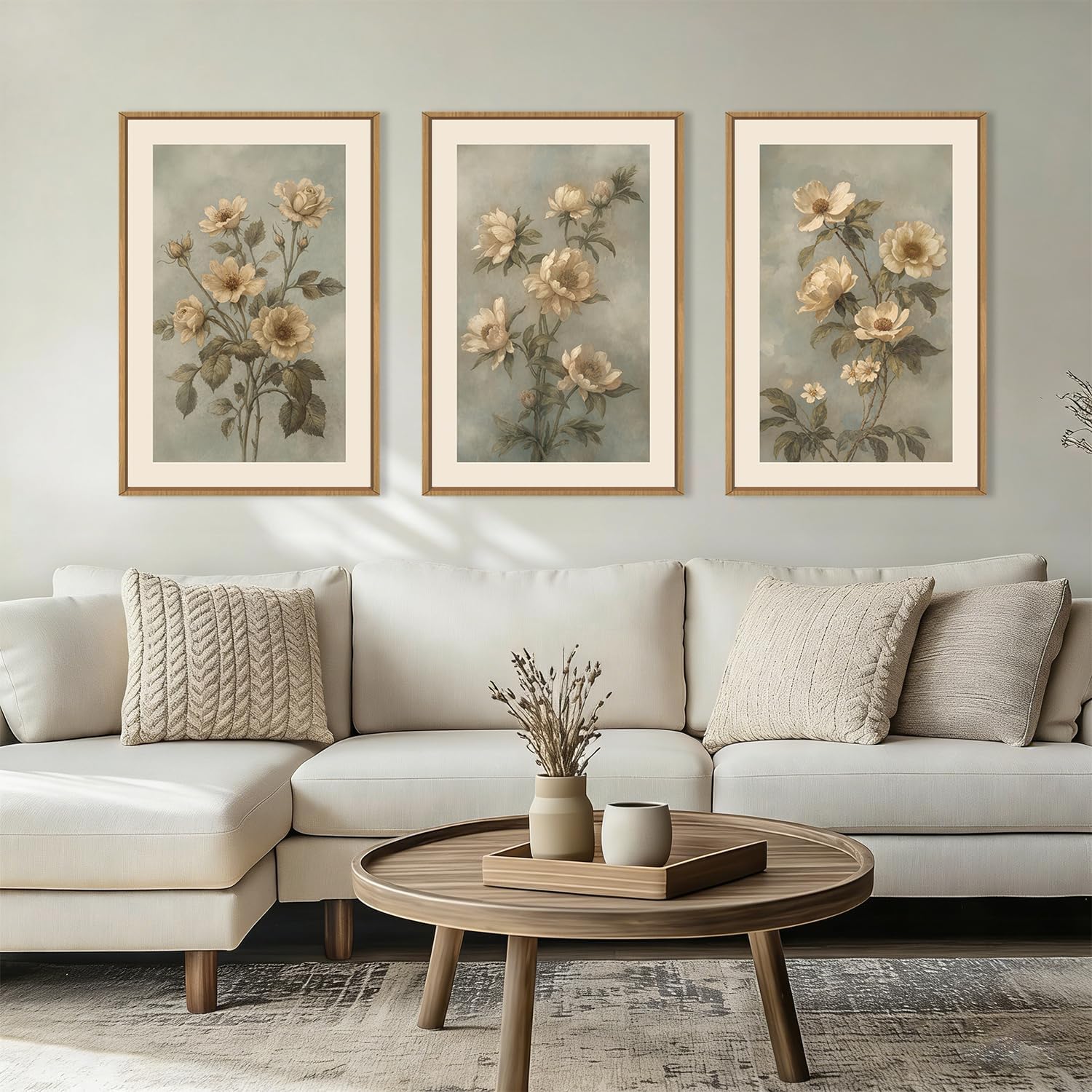 KAIRNE Vintage Botanical Flower Framed Canvas Wall Art Set,Boho Green Beige Floral Wall Decor,Rustic Wildflower Art Prints,Modern Minimalist Artwork for Living Room,Bedroom,Farmhouse,Office-24 x36 x3