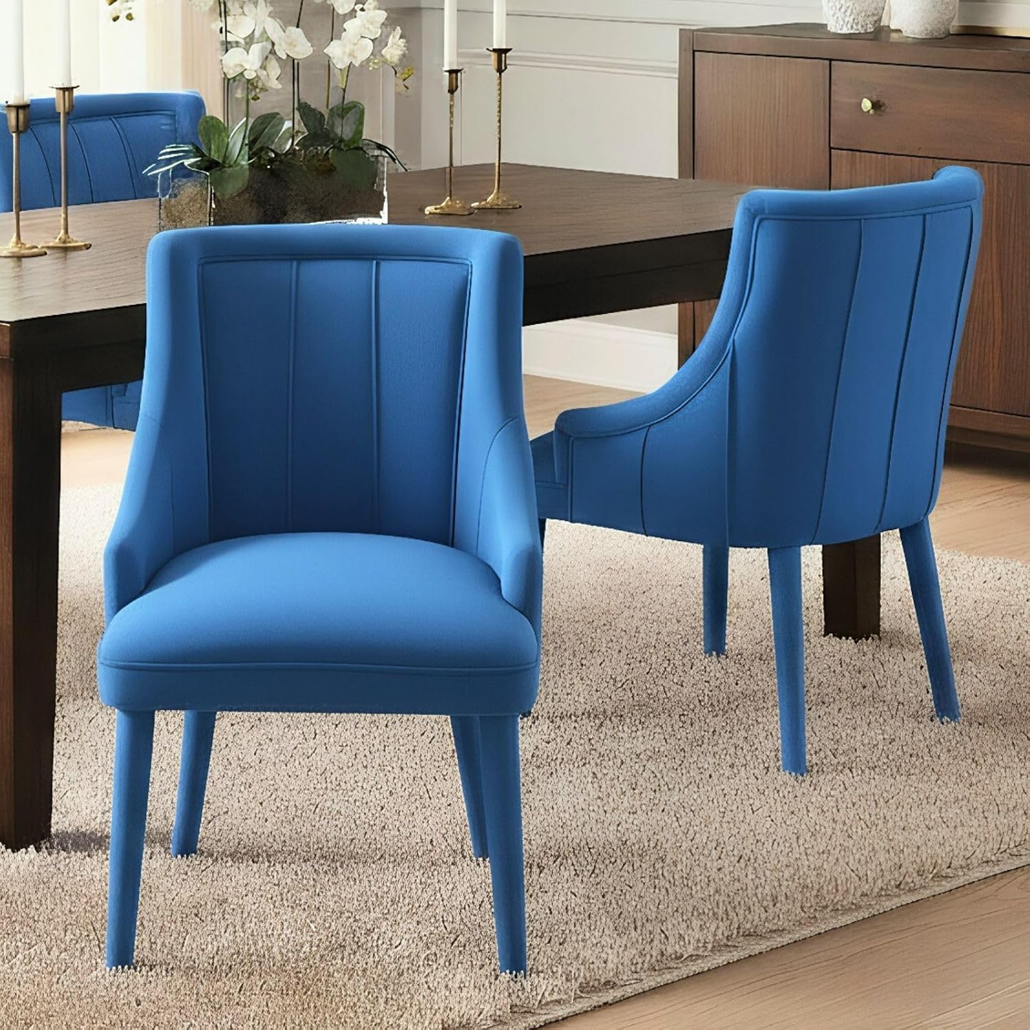 Hyfirm Dining Chairs Set of 2 – High-Back Upholstered Kitchen Chairs with Plush Fabric & Solid Wood Legs, Fully Wrapped Design in Navy Blue