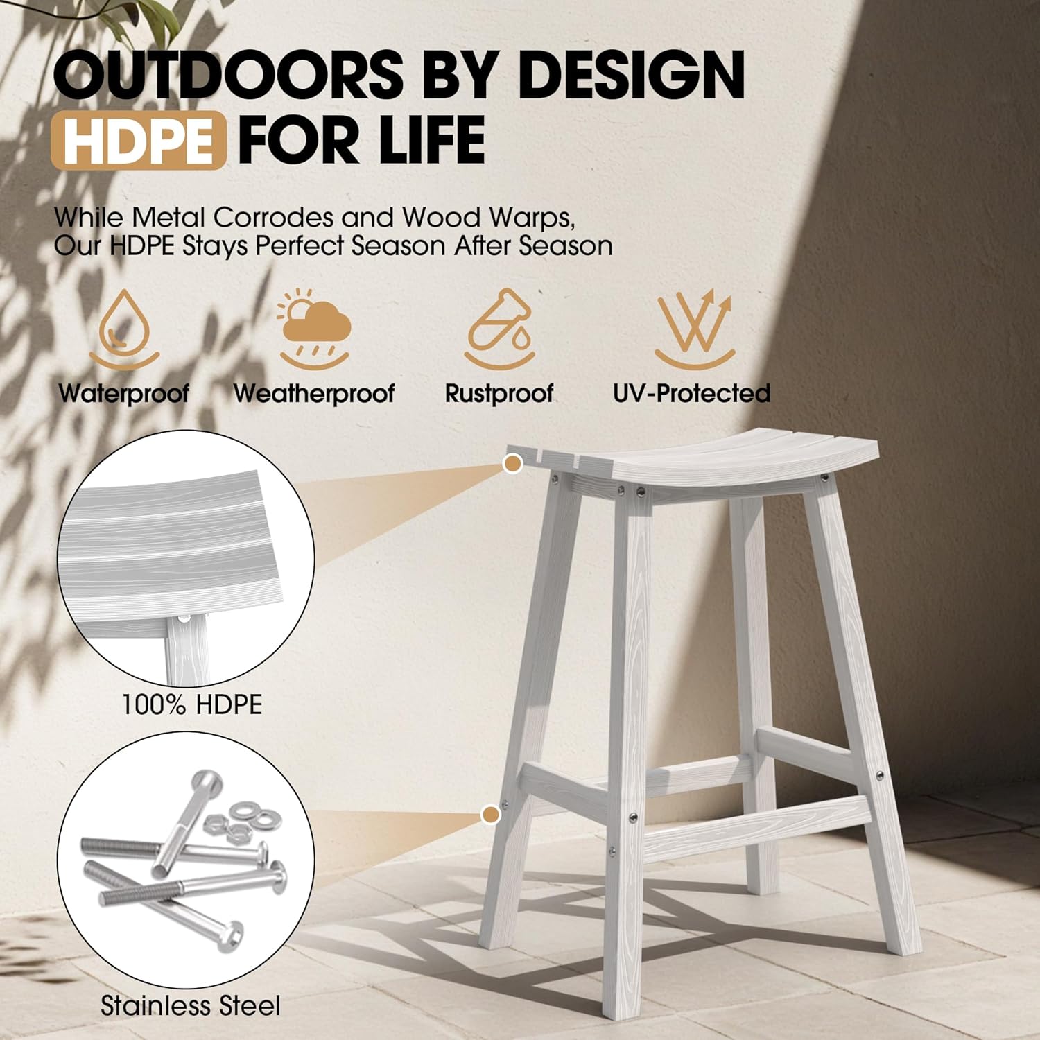 Ciokea 2 Set 29" Outdoor Bar Stools Heavy Duty HDPE Outdoor Stools Waterproof Weatherproof Patio Seats Modern Bar Height Tall BarStools for Bar Deck Balcony Kitchen Yard, White