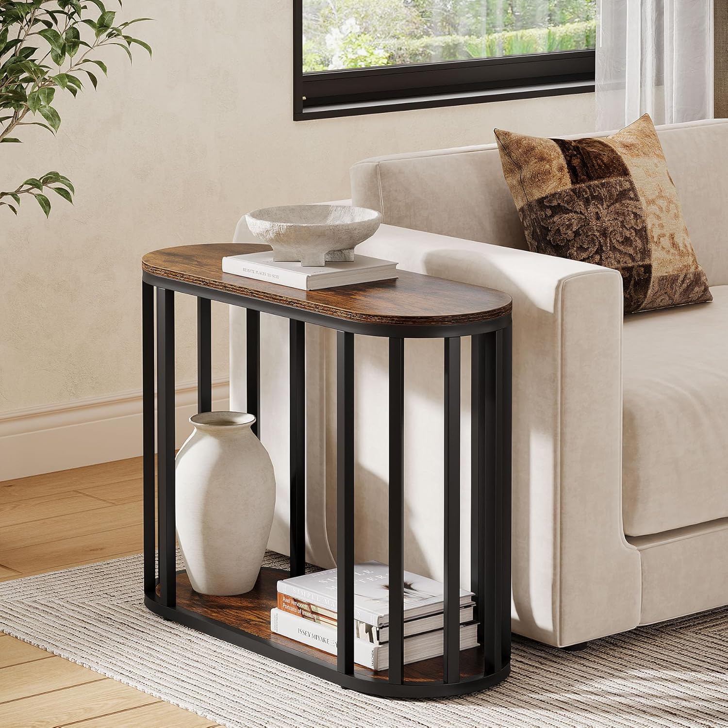 Tribesigns Narrow End Table with Storage, 2-Tier Industrial Side Table with Black Metal Frames, Small Nightstand Bedside Table for Living Room, Bedroom, Rustic Brown, 31.5"D x 11.81"W x 23.62"H (1)