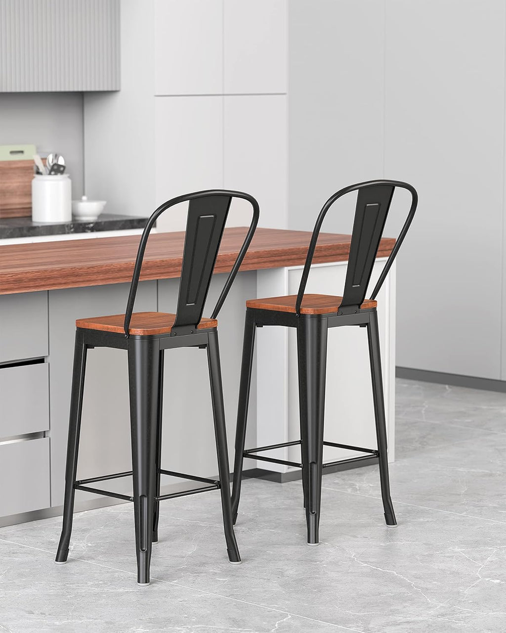 Aiho Bar Stools 30” Dining Chairs Outdoor Patio Bistro Set of 2 Metal Height Bar Stools with Wood Seat and Removable Backrest, Gloss Black