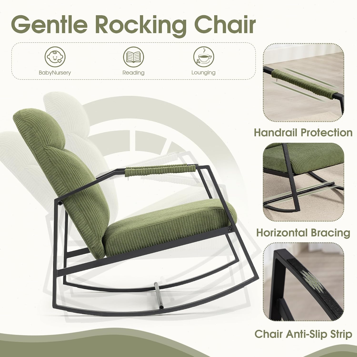 HOMEFUN Nursery Rocking Chair,Patio Rocking Chair,Upholstered Glider Rocker with Padded Seat and High Backrest Safe and Comfy Armchair for Living Room Office,Front Porch, Garden, Patio, Backyard Green