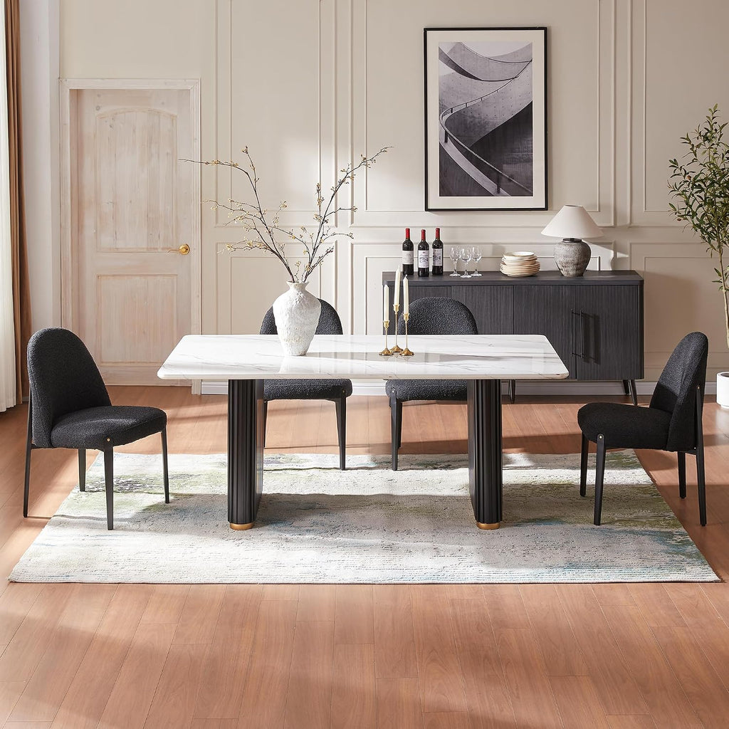 Morden Fort Boucle Dining Chairs Set of 4, Thick Upholstered Chairs with Metal Legs & Curved Backrest, Post Modern Minimalist Chair for Dining Room, Kitchen, Living Room, Bedroom, Apartments, Black