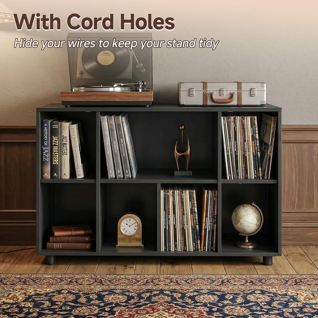 Record Player Stand with Charging Station, Black | Vinyl Record Storage Cabinet, Holds Up to 500+ Albums, Turntable Stand with Large Tabletop for Living Room Music Room Studio