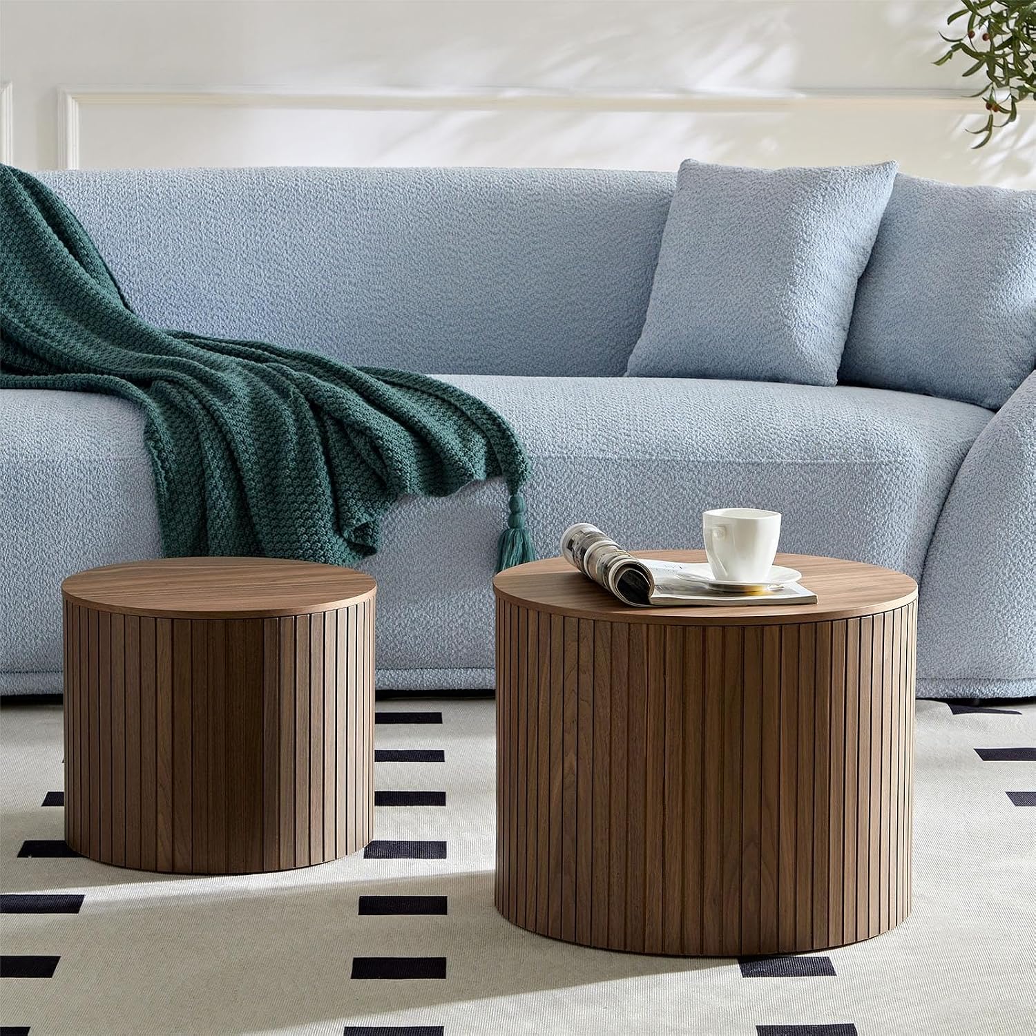 Nesting Coffee Table Set of 2,Modern Round Wooden Coffee Tables with Storage,Luxury Side Table Accent End Table for Small Space Living Room Apartment (19.17”)