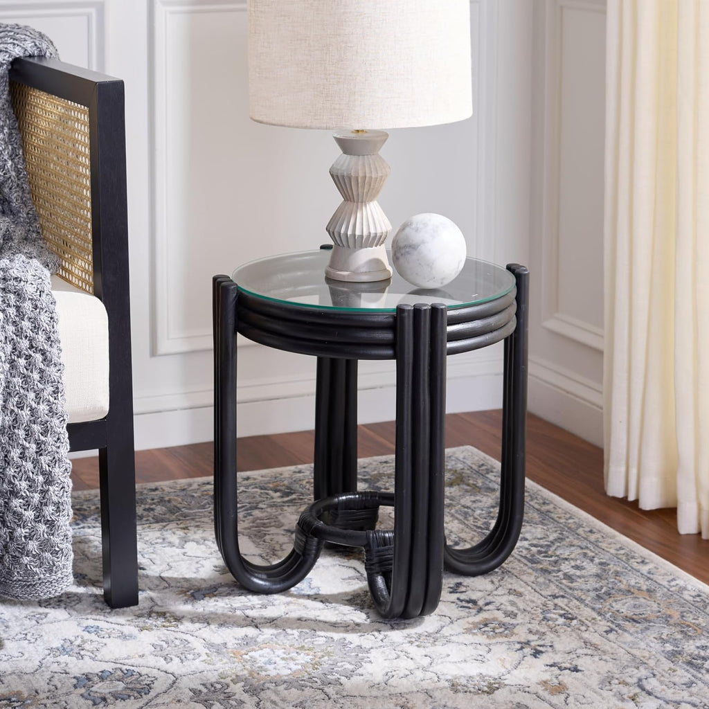 SAFAVIEH Home Collection – Bilian Round Accent Table, Black Rattan Base with Tempered Glass Top, Fully Assembled Accent Table for Living Room or Bedroom (ACC9900C)