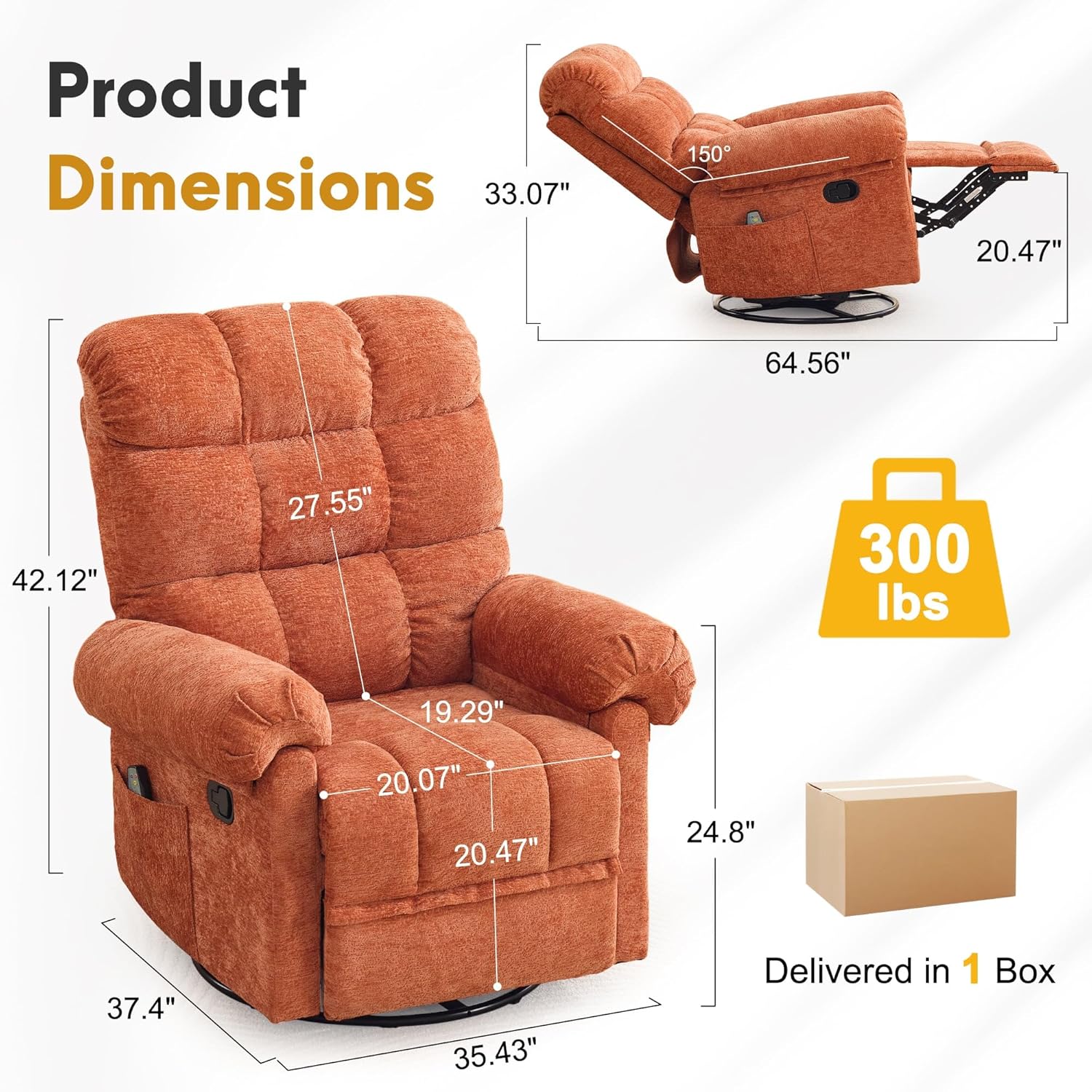 Korser 360° Swivel Rocker Recliner Chair, Rocking Chair Nursery with Massage and Heat, Small Recliners for Small Space, Manual Reclining Chair with Cozy Chenille Fabric, Side Pockets for Living Room