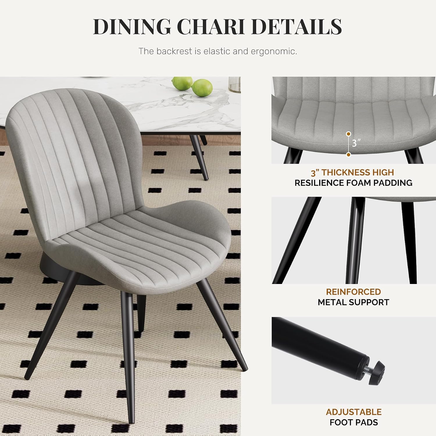 Dining Chairs Set of 2 Modern Fabric Dining Room Chairs Upholstered Dining Chairs with Thick Cushions Metal Legs Armless Back Chair for Kitchen and Living Room Light Gray