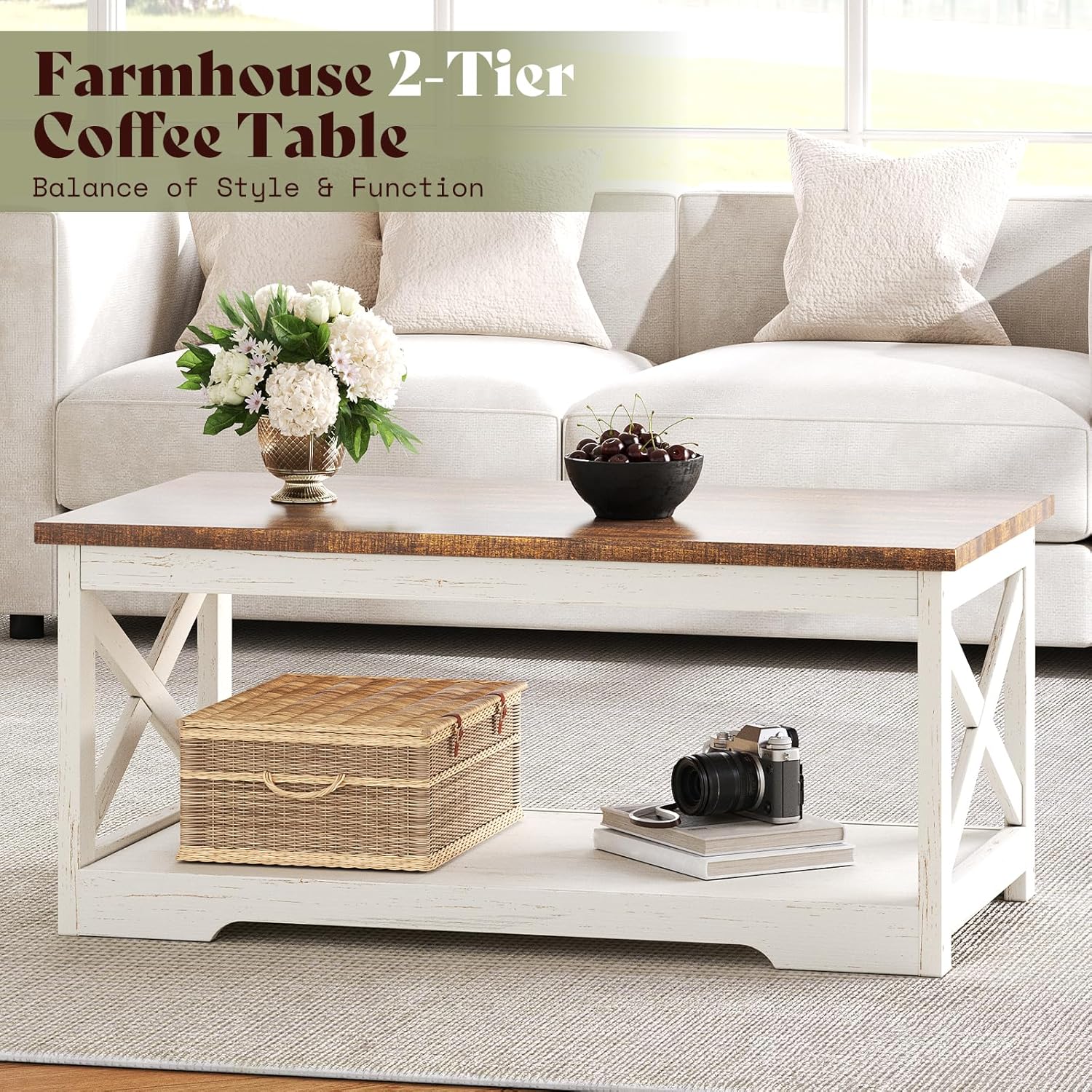 AMERLIFE 3-Piece Farmhouse Living Room Table Set with Coffee Table & 2 End Tables, Charging Station & USB Ports, Distressed White