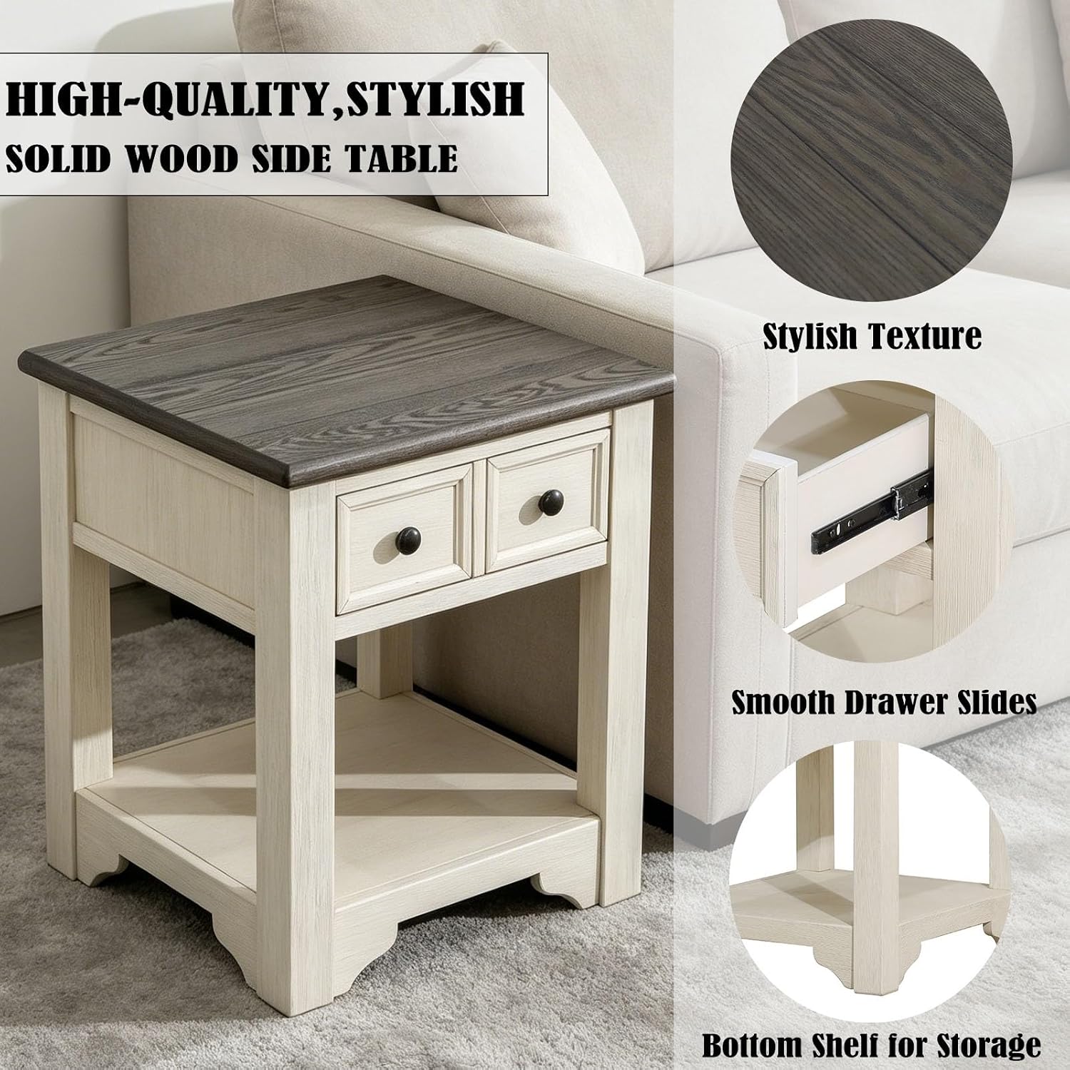 Farmhouse End Table with Drawers,Side Table with Storage,Wood Nightstand, Coffee Tables for Living Room,Entryway Table for Small Spaces,Small Side Table for Living Room, Bedroom, Kitchen