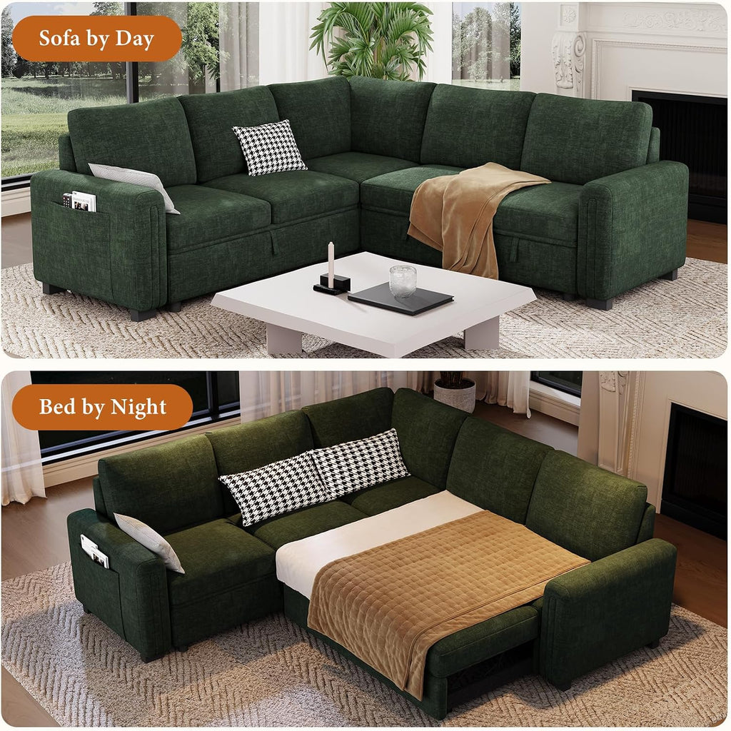 Vesgantti 88.4" Sectional Sleeper Sofa with Pull Out Bed, 5 Seater L Shaped Modular Sectional Couch with Storage, Comfy Chenille Modular Couch for Living Room, Bedroom, Apartment, Green