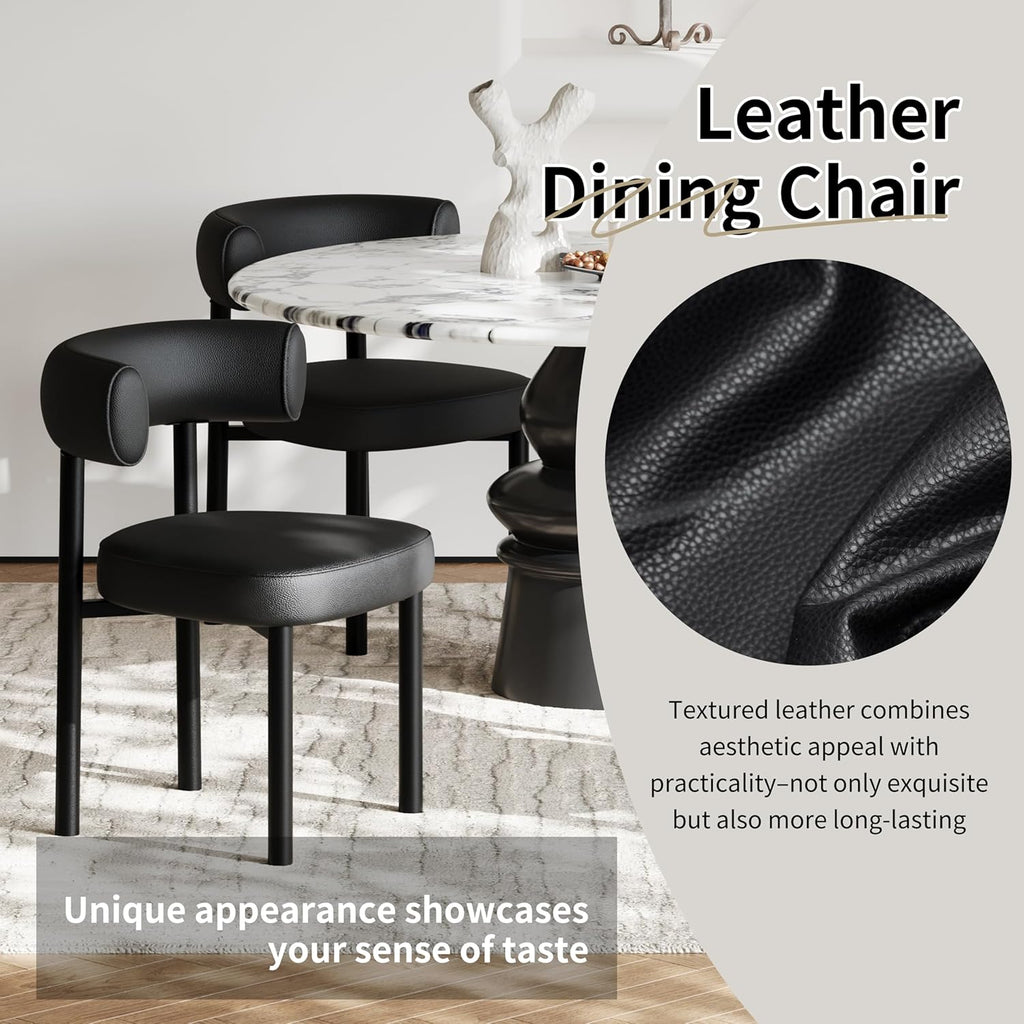 Dining Chairs Set of 2, Mid-Century Dining Room Chair, Carbon Steel Legs, Upholstered Seat, Textured Leather, Ergonomic Curved Backrest, Modern for Kitchen, Restaurant, Black