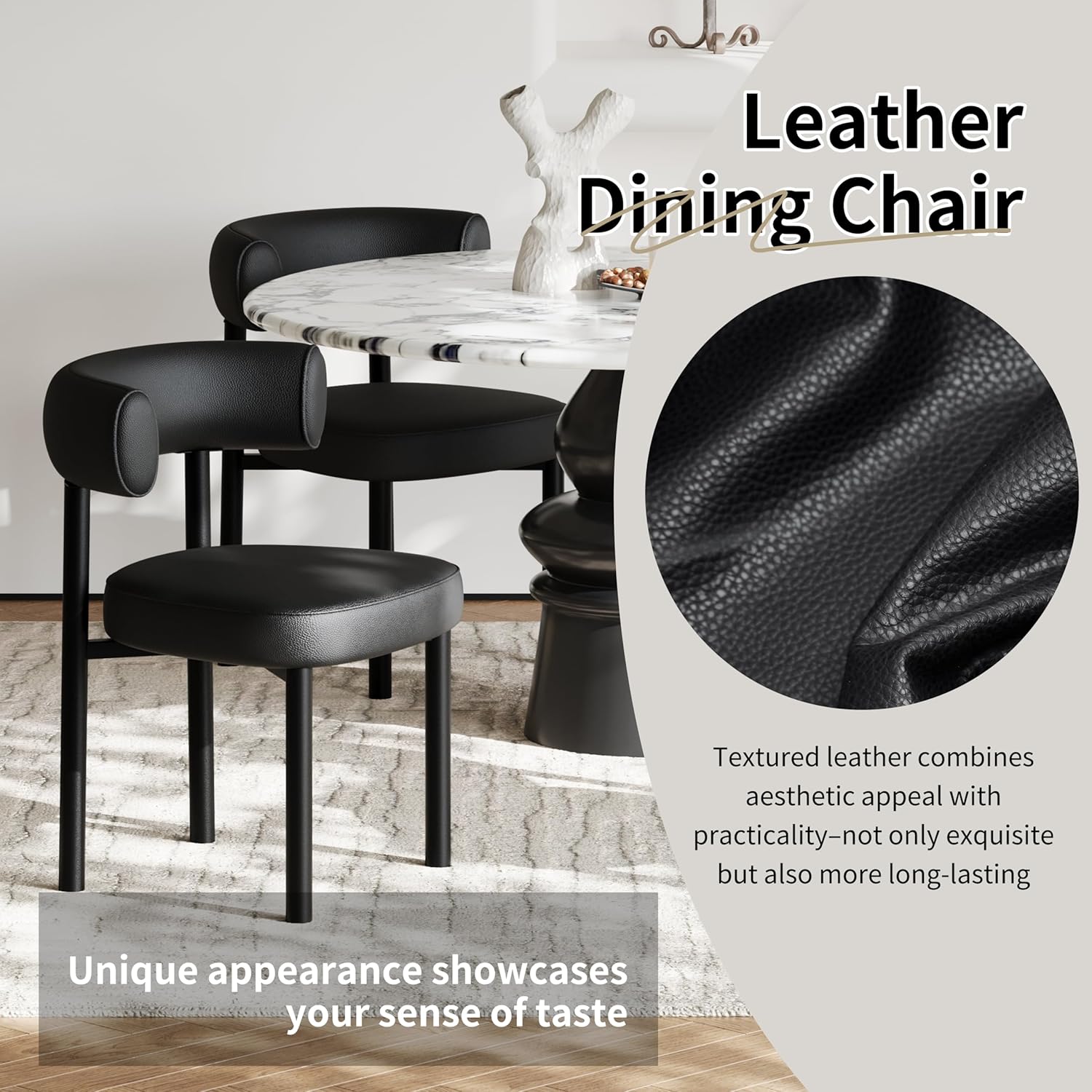 Dining Chairs Set of 2, Mid-Century Dining Room Chair, Carbon Steel Legs, Upholstered Seat, Textured Leather, Ergonomic Curved Backrest, Modern for Kitchen, Restaurant, Black
