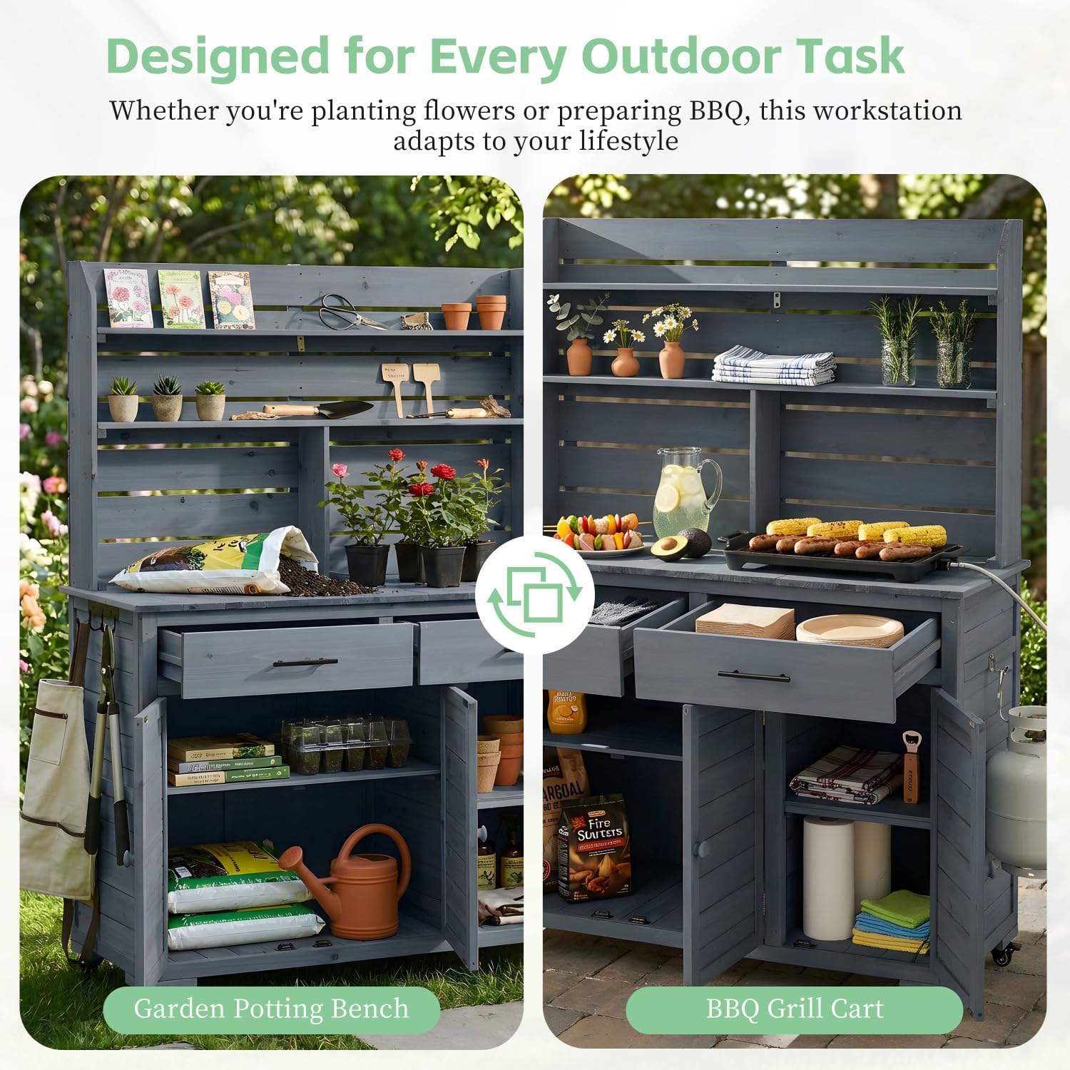 65'H Large Garden Potting Bench with Storage Cabinet, Outdoor Kitchen Island and Grill Cart
