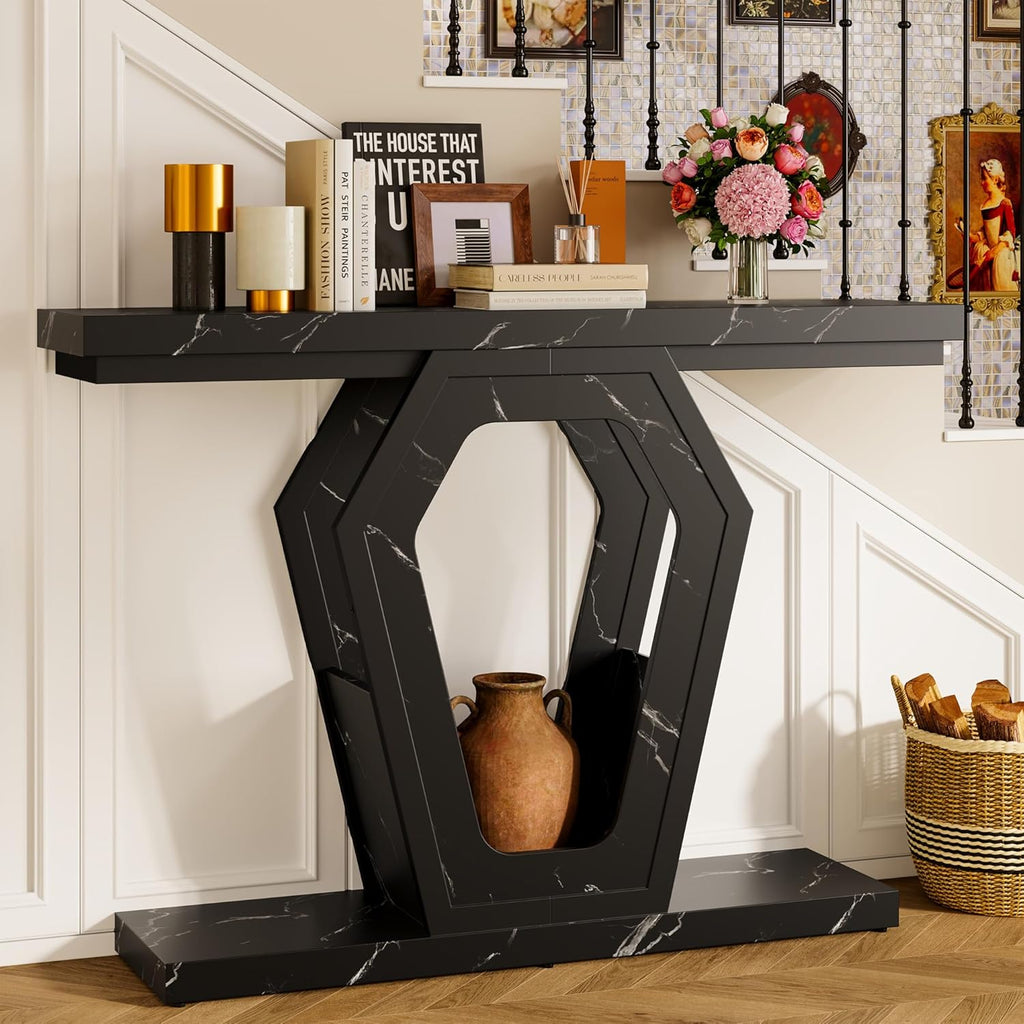 FUSUNBAO 47.3" Console Table,Openwork Bracket Sofa Table, Wood Narrow Entryway Table for Hallway, Behind The Couch, Living Room, Foyer, Easy Assembly (Black Marble Texture)