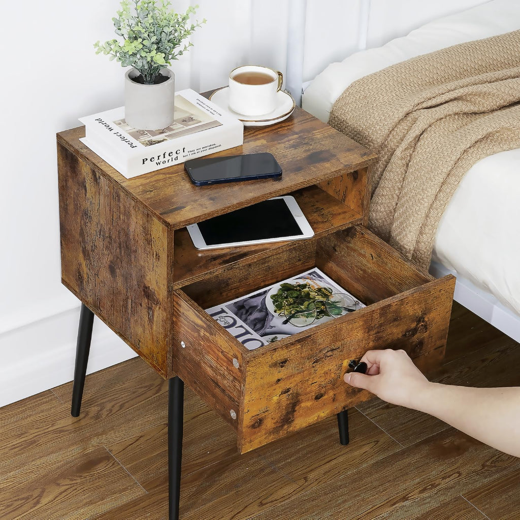 VECELO Night Stand for Bedroom Set of 2,Modern Solid Wood Nightstand with Storage Shelf and Drawer, Bedside Table End Table for Living Room,Bedroom,Entryway,Easy Assembly,Vintage Brown