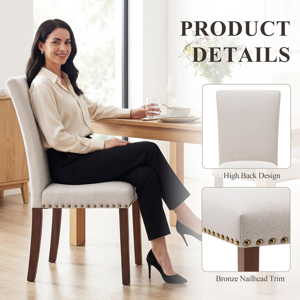 COLAMY Upholstered Parsons Dining Chairs Set of 2, Fabric Dining Room Kitchen Side Chair with Nailhead Trim and Wood Legs - Beige