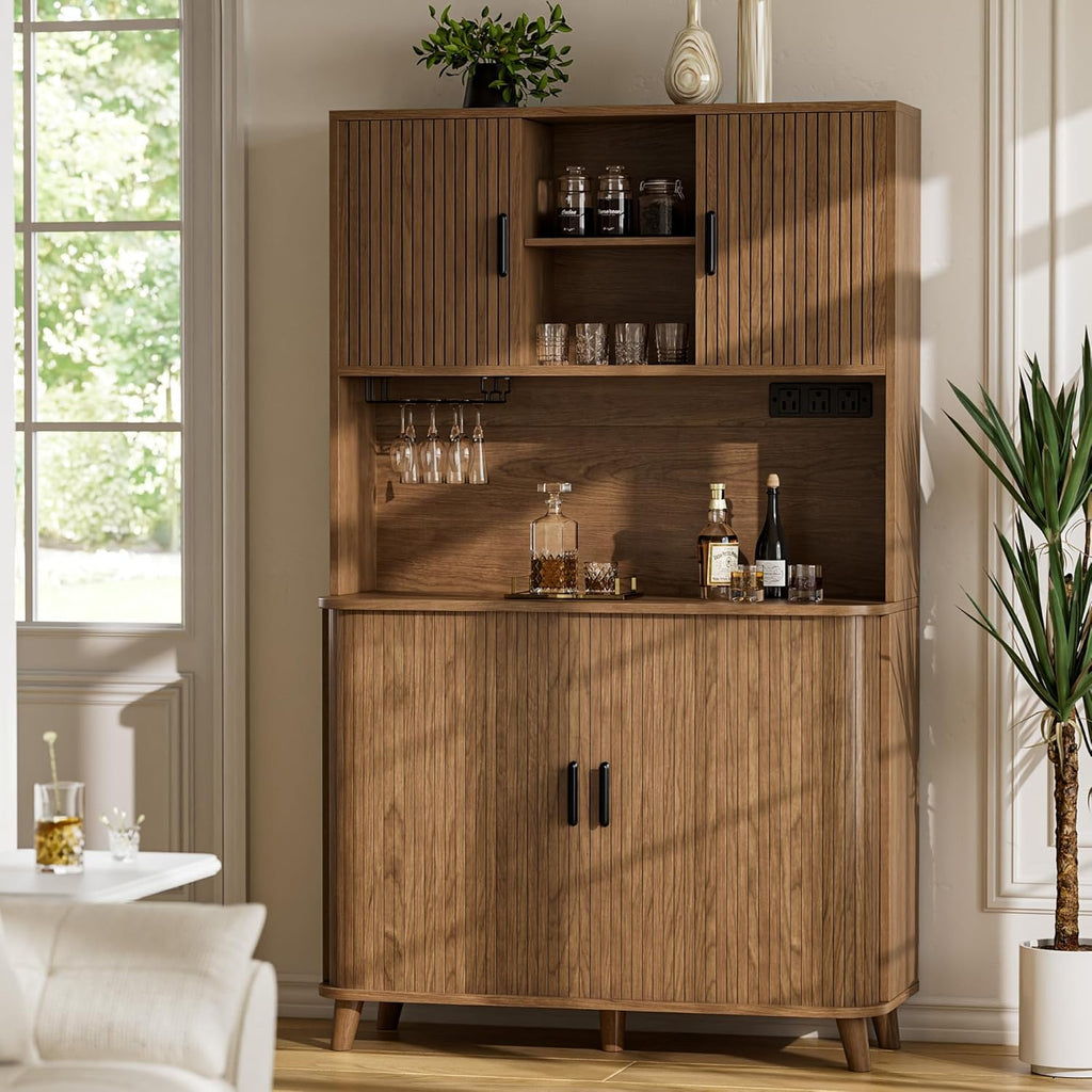 Lulive Kitchen Pantry Cabinet with Charging Station, Walnut | Rolling & Sliding Doors, Adjustable Shelves, Open Countertop, Wine Glass Rack, Modern Storage Cabinet for Dining Room