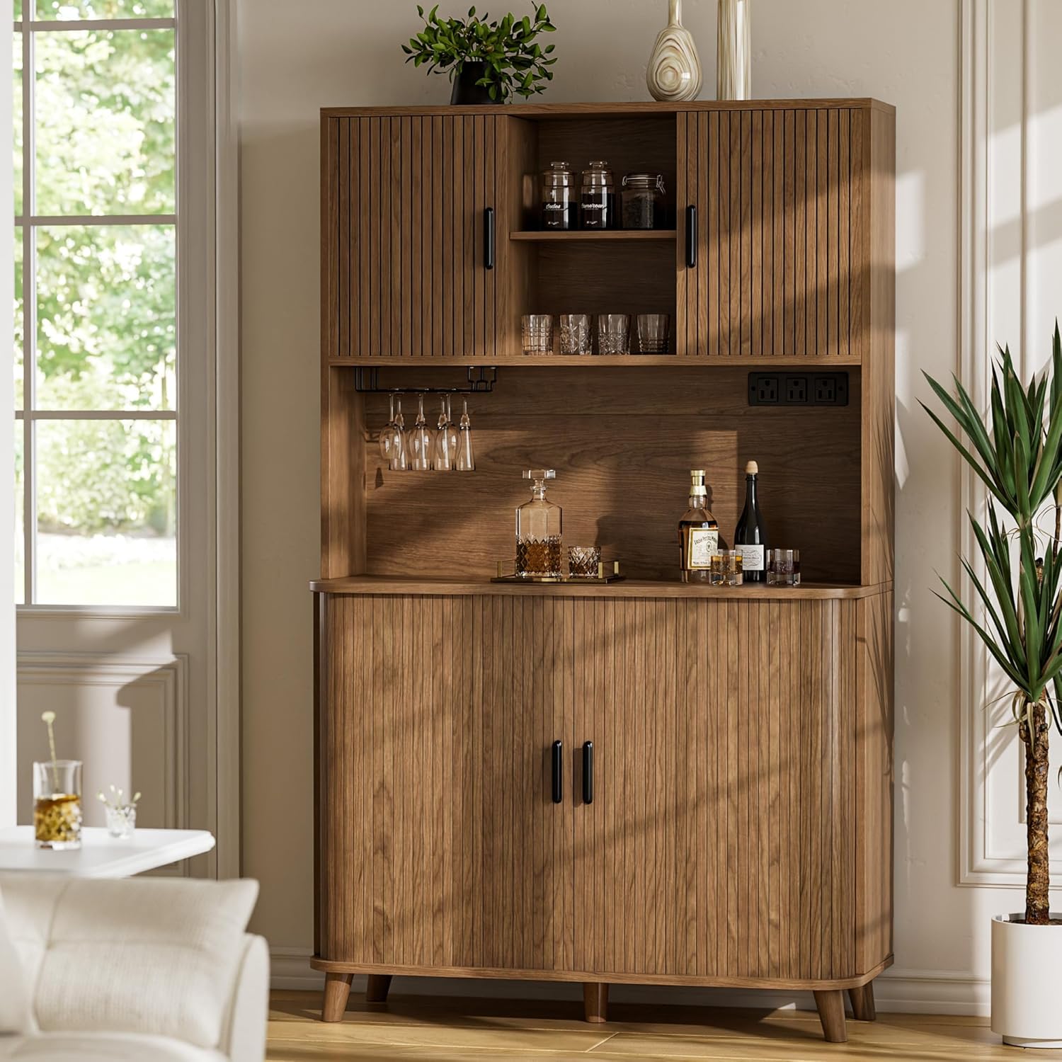 Lulive Kitchen Pantry Cabinet with Charging Station, Walnut | Rolling & Sliding Doors, Adjustable Shelves, Open Countertop, Wine Glass Rack, Modern Storage Cabinet for Dining Room