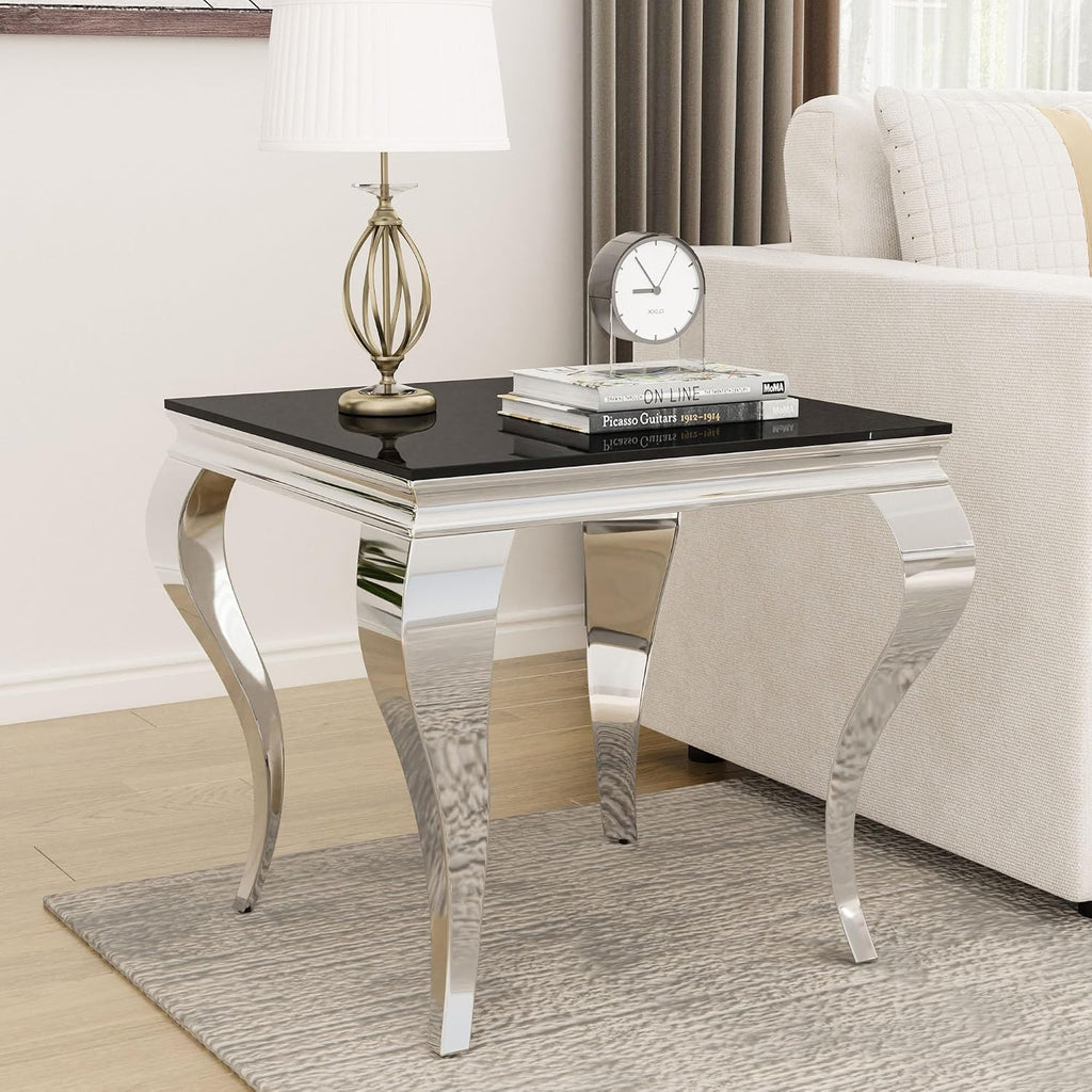 22.8 Inch Glass End Table, Modern Small Square Side Table with Black Tempered Glass Top and Silver Stainless Steel Legs, for Living Room, Bedroom, Apartment