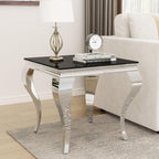 22.8 Inch Glass End Table, Modern Small Square Side Table with Black Tempered Glass Top and Silver Stainless Steel Legs, for Living Room, Bedroom, Apartment