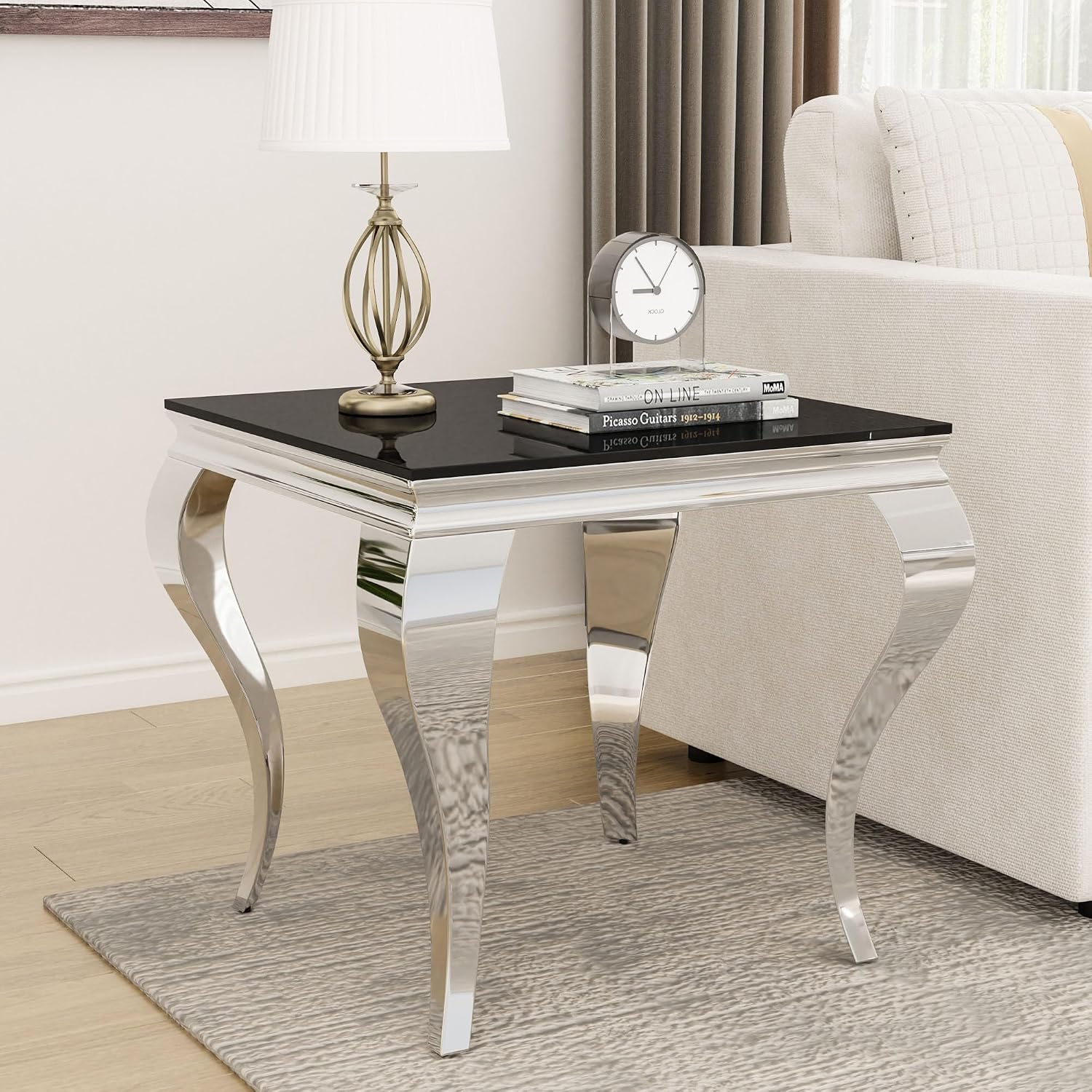 22.8 Inch Glass End Table, Modern Small Square Side Table with Black Tempered Glass Top and Silver Stainless Steel Legs, for Living Room, Bedroom, Apartment