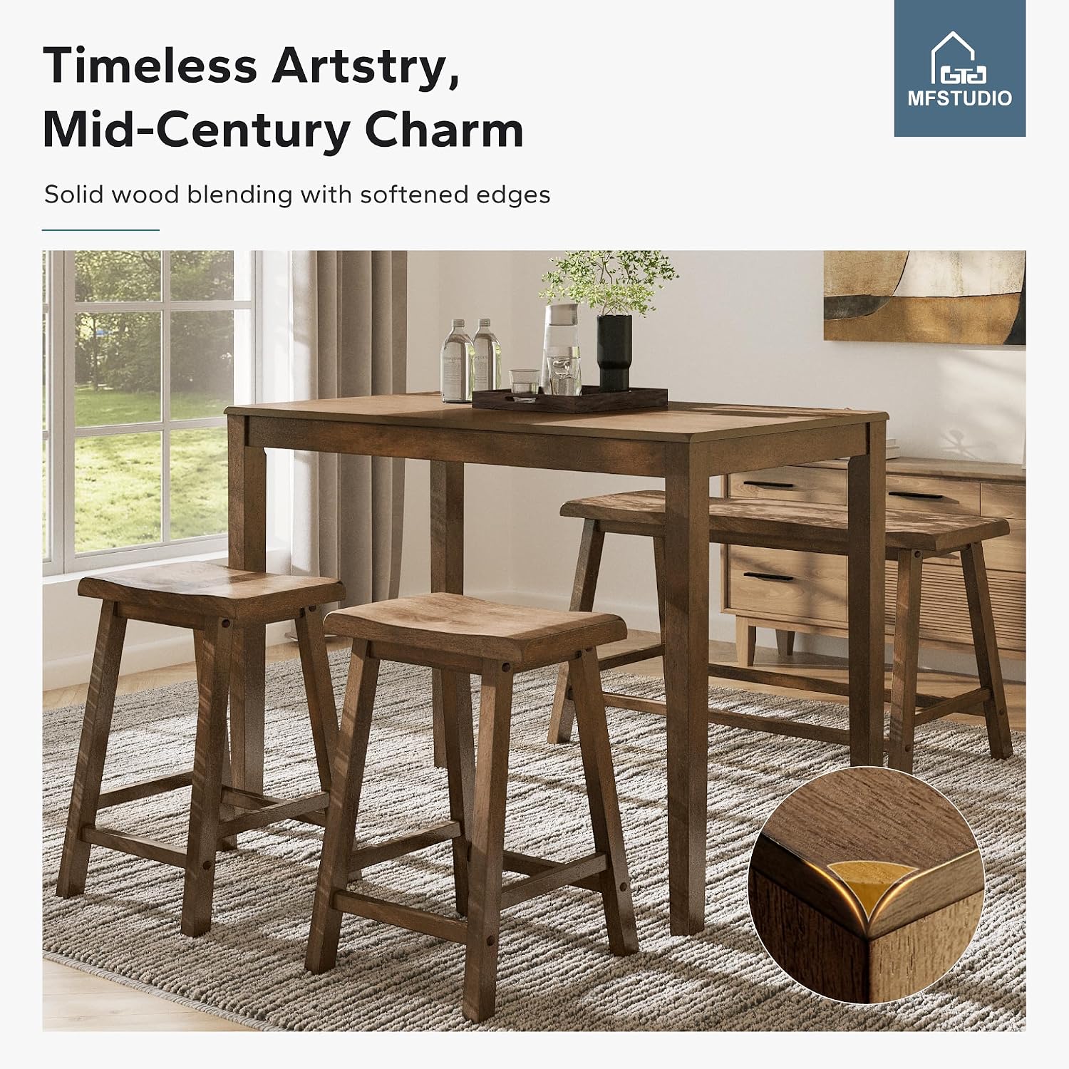 MFSTUDIO Dining Table Set for 4, Counter Height Table and Chairs, Kitchen Table Set with Bench, Breakfast Bar Table and Chairs Set Space Saving, Rustic Caramel