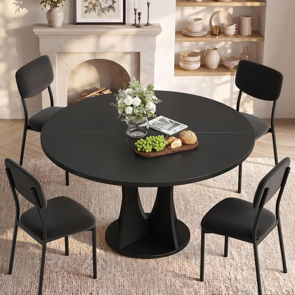 iPormis 47.2" Round Dining Table Set for 4, 5-Piece Kitchen Table & Chairs Set for 4, Dining Room Circle Table with 4 Upholstered Chairs for Small Space, Black Table + 4 Black Chairs
