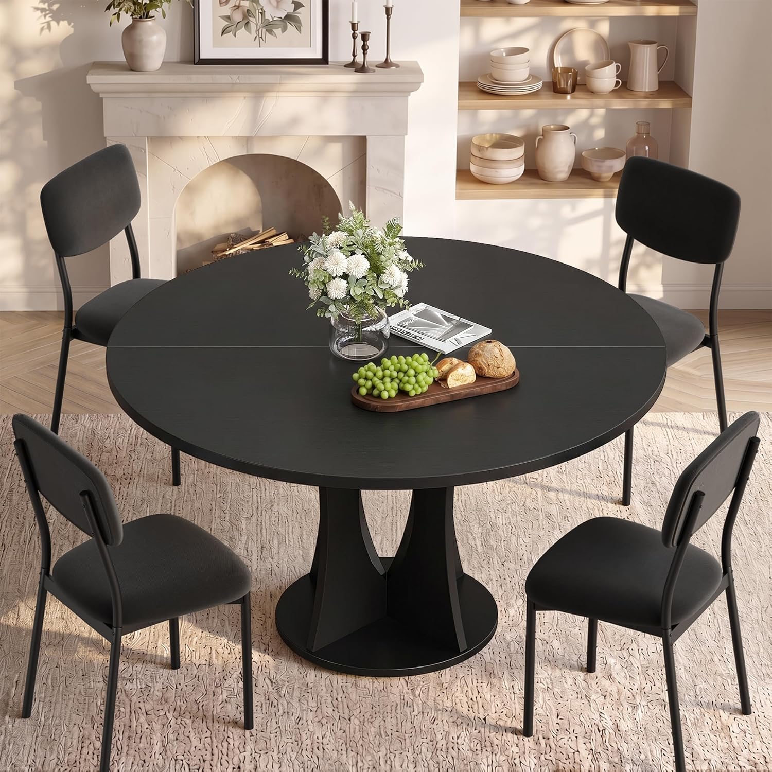 iPormis 47.2" Round Dining Table Set for 4, 5-Piece Kitchen Table & Chairs Set for 4, Dining Room Circle Table with 4 Upholstered Chairs for Small Space, Black Table + 4 Black Chairs