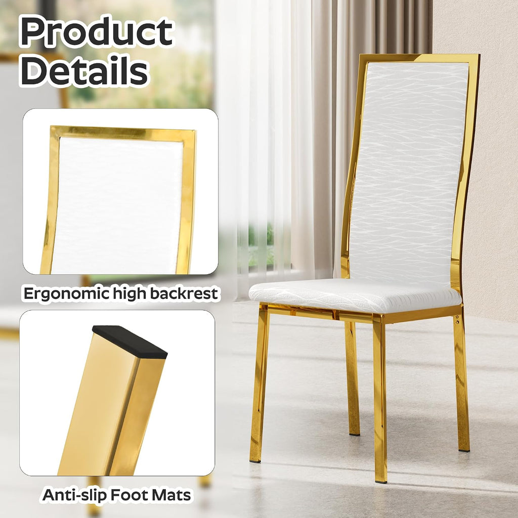 Modern Dining Chairs Set of 4, White Willow Leaf Pattern with Chrome Gold Metal Legs, Curved High Back Design & Cloud Cushioning, Mid-Century Kitchen Chairs with Non-Slip Feet(Easy Assembly)