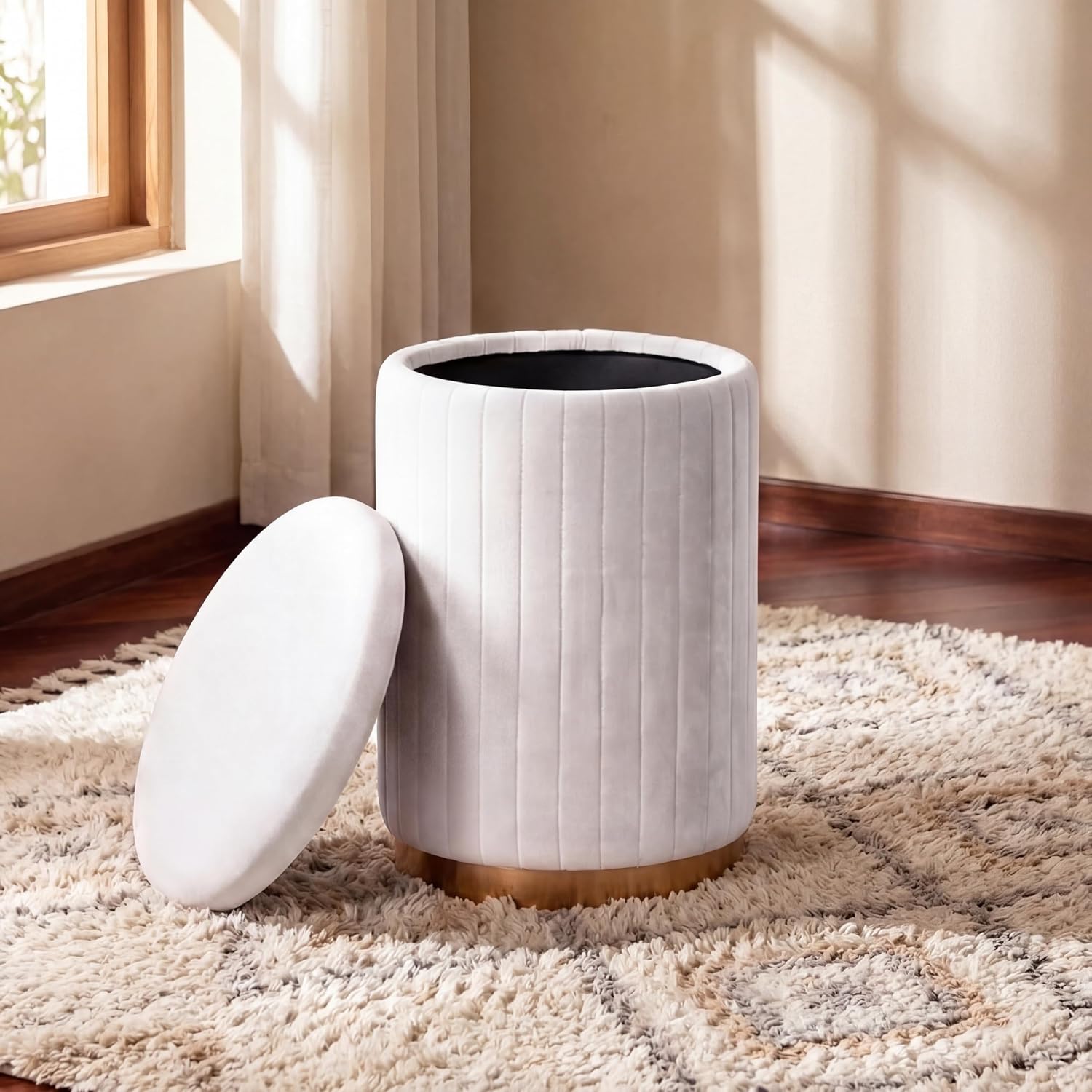 Boahaus Cersei White Velvet Vanity Ottoman with Hidden Storage, Makeup Chair for Vanity Desk, Elegant Foot Rest Stool with Gold Base for Bedroom, Living Room & Dressing Area (Pure White)