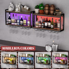 Shikha LED Wall Mounted Wine Rack with Glass Holder for Home Bar Kitchen | 31.4 Inch Retro Hanging Wine Display Shelf with RGB LED Lights, Stemware Holder, 2 Tier Wood-Metal Wine Bottle Storage Rack