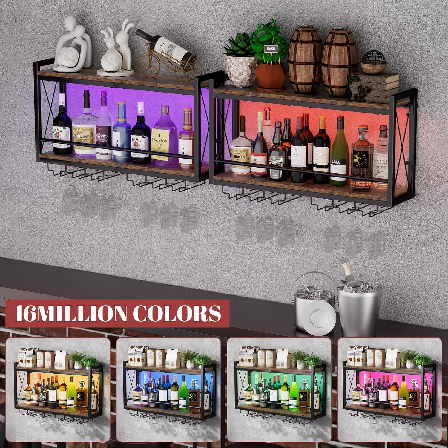 Shikha LED Wall Mounted Wine Rack with Glass Holder for Home Bar Kitchen | 31.4 Inch Retro Hanging Wine Display Shelf with RGB LED Lights, Stemware Holder, 2 Tier Wood-Metal Wine Bottle Storage Rack