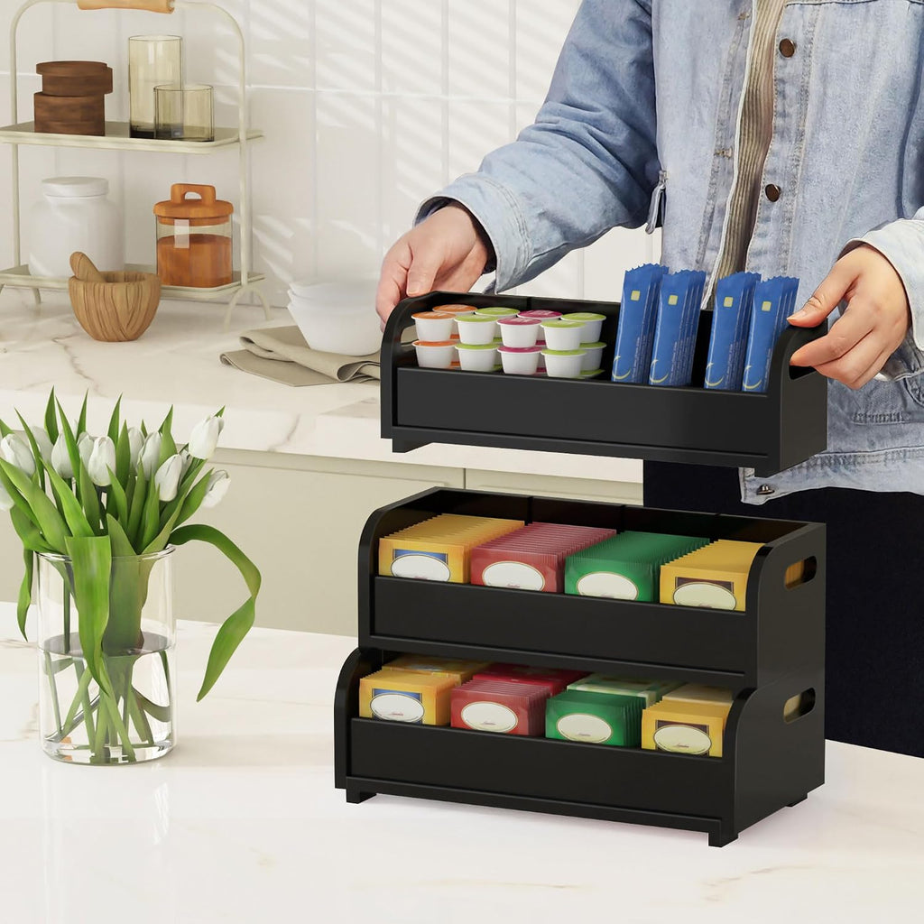 3-Tier Bamboo Tea Bag Organizer, Stackable Tea Holder for Countertop, Black | Tea Box Shelf with Removable Dividers, Wall Mount Large Capacity Tea Organizers and Storage for Pantry Kitchen Office Bar