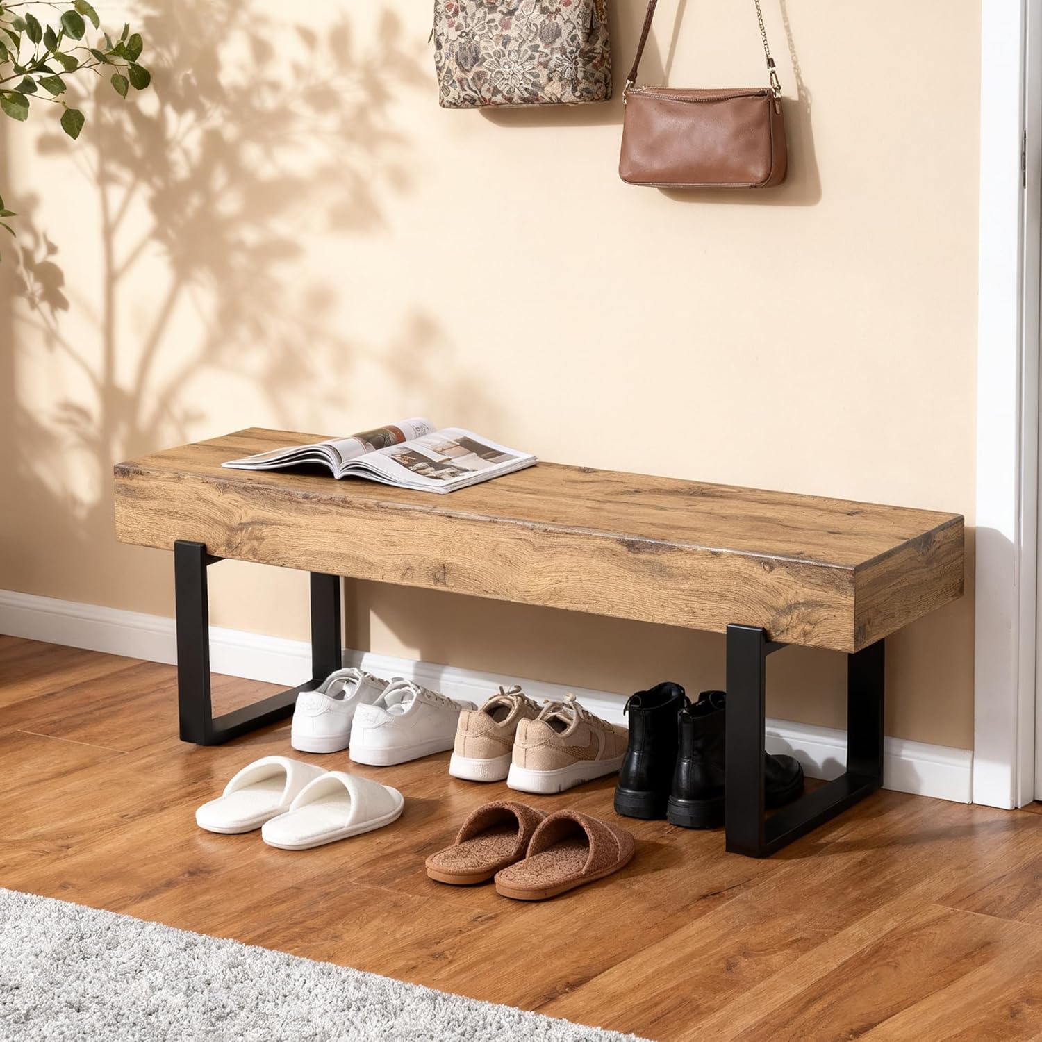 59" Dining Bench, Farmhouse Indoor Kitchen Table Benches, Industrial Shoe Bench, Entryway Benches, Natural Wood Wash