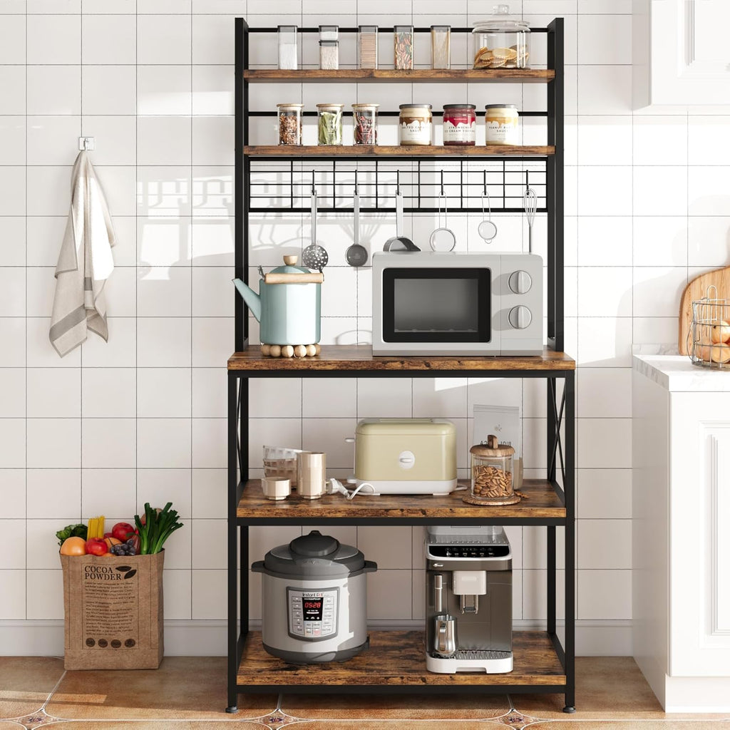 IDEALHOUSE 62in Kitchen Bakers Rack, 31in Coffee Bar Table 5 Tiers, Kitchen Microwave Stand with 6 s-Shaped Hooks, Open Storage Shelves for Spices, Pots and Pans, Rustic Brown