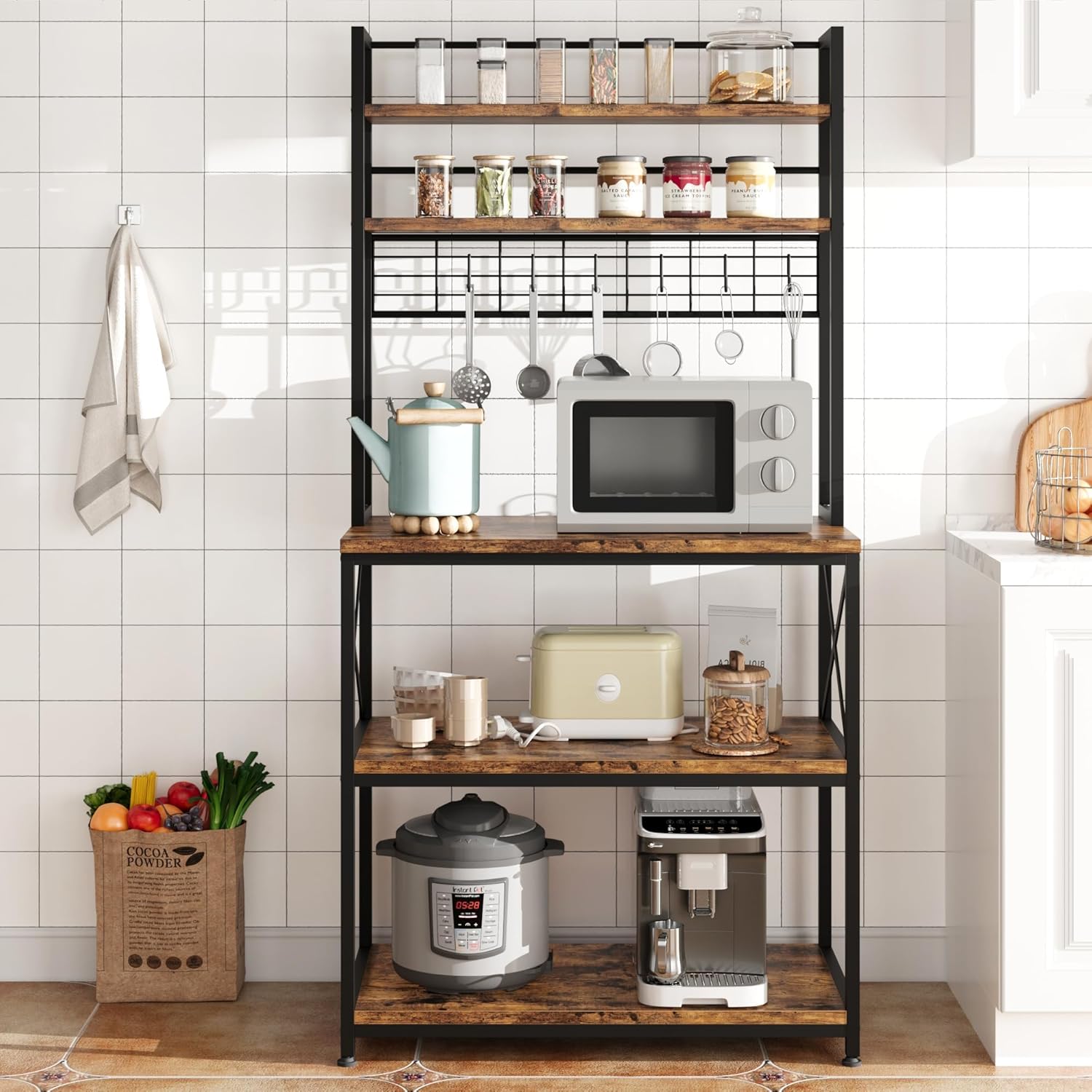 IDEALHOUSE 62in Kitchen Bakers Rack, 31in Coffee Bar Table 5 Tiers, Kitchen Microwave Stand with 6 s-Shaped Hooks, Open Storage Shelves for Spices, Pots and Pans, Rustic Brown