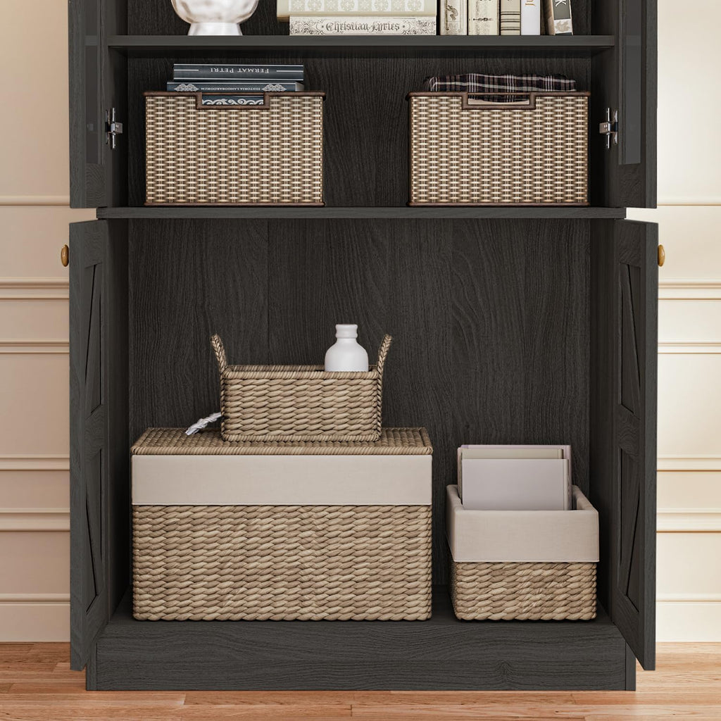 ivaniti 71" Farmhouse Bookcase with Glass Doors & Drawers, Tall Wooden Storage Cabinet with Adjustable Shelves for Living Room, Home Office, Dining Room, Black, Set of 3