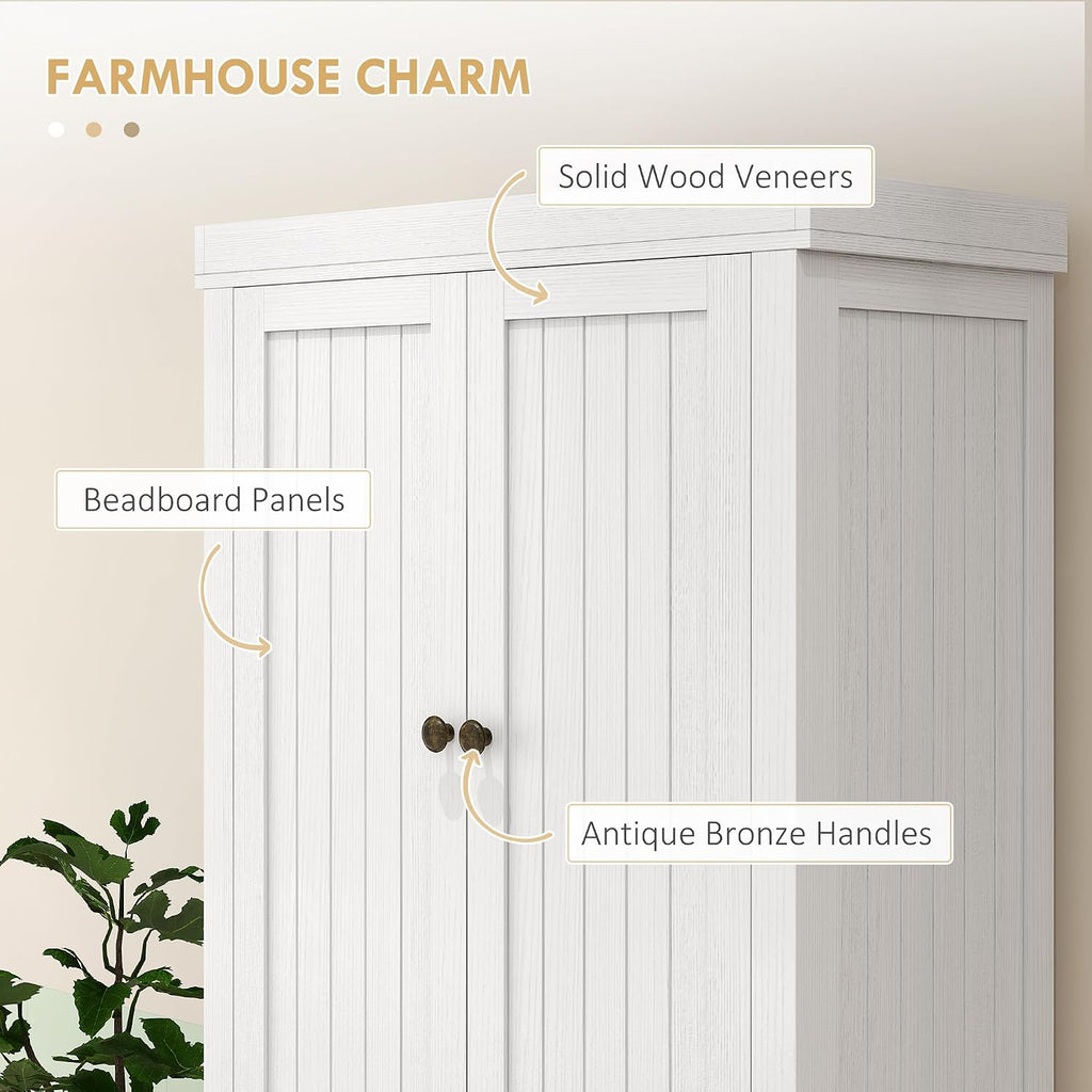 72" Farmhouse Kitchen Pantry Cabinet, Freestanding Tall Storage Cabinet with 4 Soft-Close Doors, 2 Adjustable Shelves and Drawer for Dining Room, Distressed White,15.8 * 30 * 72
