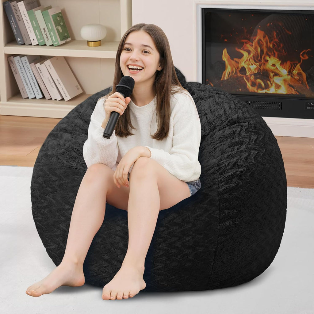 2FT Bean Bag Chair,Giant Bean Bag Chairs for Adults,Big Bean Bags with Memory Foam Filled, Large Beanbag Chairs with Chevron Plush Cover-Black
