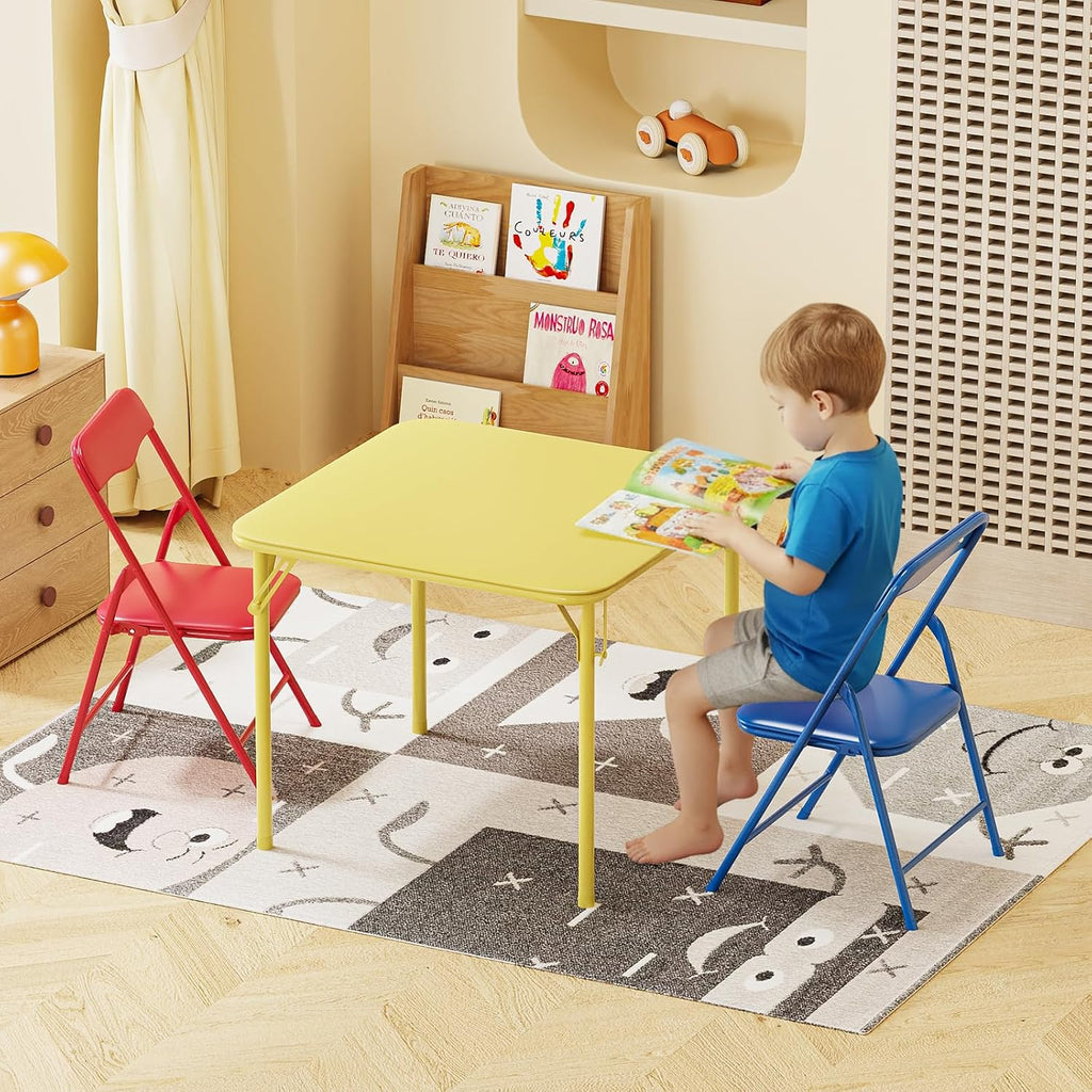 JOYMOR Kids Folding Table and Chairs Set, 3-Piece Metal Frame Activity Set with Easy-Fold Design for Playroom & Classroom (Multicolor)